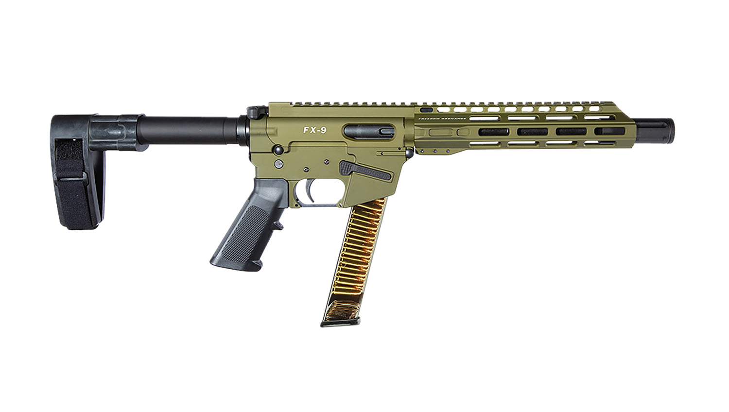 FREEDOM ORDNANCE FX9P10SBM-ODG FX9  9mm Luger 32+1 10" Black Nitride Barrel, M-LOK Handguard, OD Green Aluminum Receiver w/Picatinny Rail, OD Green Polymer SB Mini Brace, Black AR15 Grip