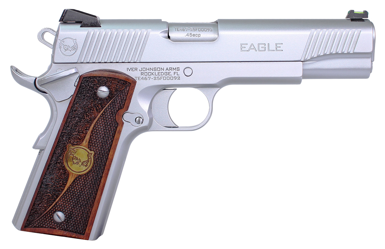 Iver Johnson Arms EAGLEHC Eagle Gen2 HC Government Frame 45 ACP 8+1 5" Overall Satin Hard Chrome Crowned Barrel, Serrated Steel Slide & Frame w/Beavertail, Textured Walnut w/Brass Logo Medallion Grip 3 Iver Johnson Arms EAGLEHC Eagle Gen2 HC Government Frame 45 ACP 8+1 5" Overall Satin Hard Chrome Crowned Barrel, Serrated Steel Slide & Frame w/Beavertail, Textured Walnut w/Brass Logo Medallion Grip