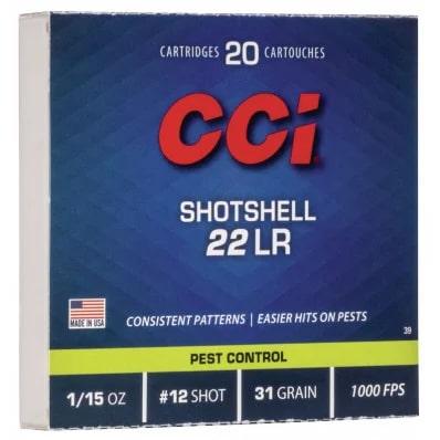 CCI Rimfire Shotshell Ammunition .22 LR 1/15 oz #12 31 gr 1000 fps 2000/ct (100-20/ct Boxes) 3 CCI Rimfire Shotshell Ammunition .22 LR 1/15 oz #12 31 gr 1000 fps 2000/ct (100-20/ct Boxes)