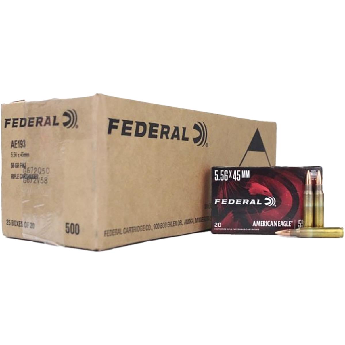 Federal American Eagle Rifle Ammunition 5.56mm 55gr FMJ 3165 fps 500/ct Case (25-20/ct Boxes) 3 Federal American Eagle Rifle Ammunition 5.56mm 55gr FMJ 3165 fps 500/ct Case (25-20/ct Boxes)
