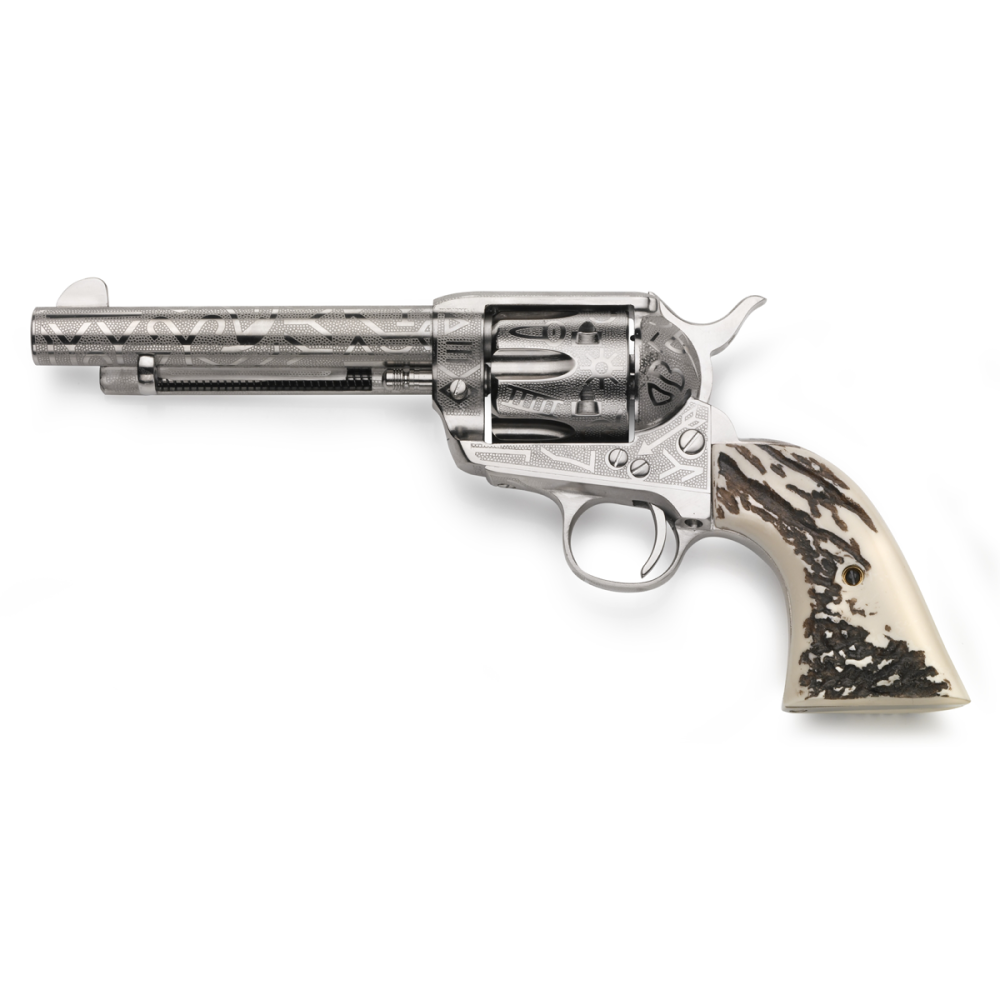 Taylor's 1873 Cattlebrand Engraved Stag Handgun .45 Colt 6rd Capacity 5.5" Barrel Engraved Silver with White 3 Taylor's 1873 Cattlebrand Engraved Stag Handgun .45 Colt 6rd Capacity 5.5" Barrel Engraved Silver with White