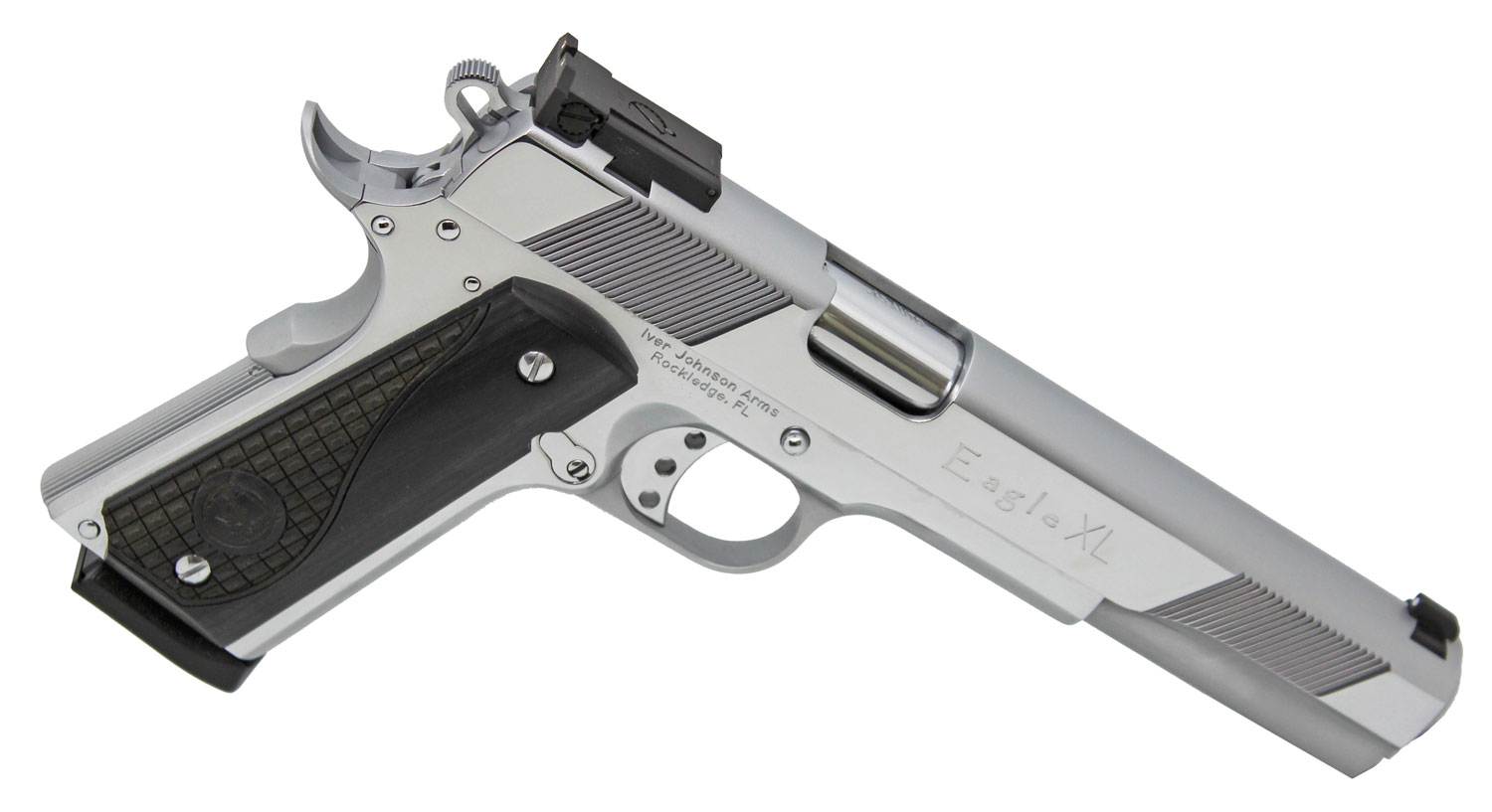 Iver Johnson Arms EAGLEXLC45 Eagle XL 45 ACP 8+1 6" Steel Barrel, Bright Chrome High Polished Long/Serrated Steel Slide & Frame w/Beavertail, Diamondwood Walnut w/Integrated Logo Grip, Right Hand 3 Iver Johnson Arms EAGLEXLC45 Eagle XL 45 ACP 8+1 6" Steel Barrel, Bright Chrome High Polished Long/Serrated Steel Slide & Frame w/Beavertail, Diamondwood Walnut w/Integrated Logo Grip, Right Hand