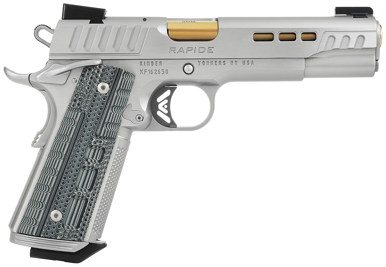 Kimber Mfg.,inc 3000420CA Rapide Dawn (CA) (MA) 9mm 9+1 5" KimPro Silver Front and Rear Serrations Stainless Steel Slide Gray/black Rapide G10 Grip 3 Kimber Mfg.,inc 3000420CA Rapide Dawn (CA) (MA) 9mm 9+1 5" KimPro Silver Front and Rear Serrations Stainless Steel Slide Gray/black Rapide G10 Grip