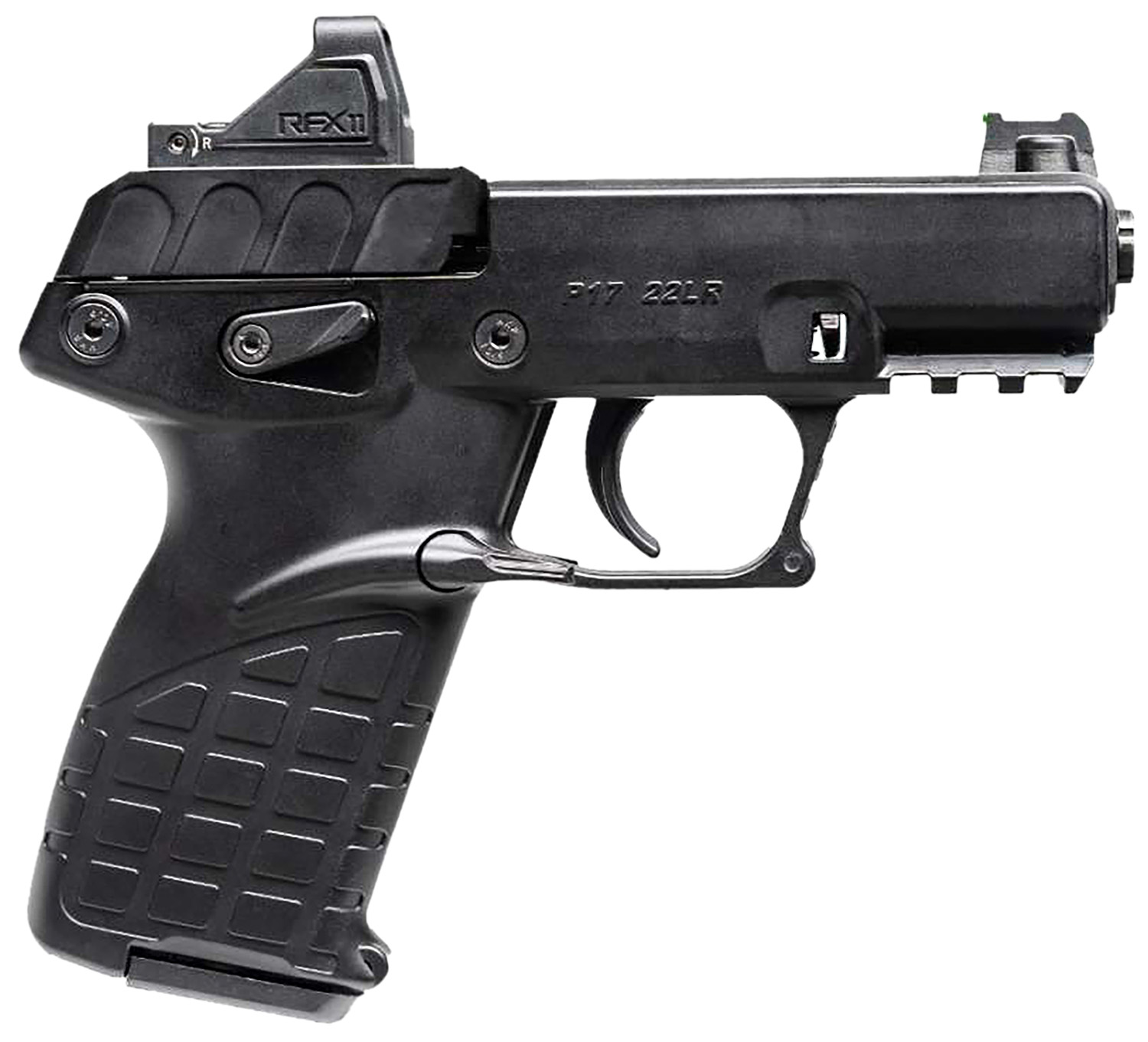 Kel-Tec P17BBLKOPTIC P17  Compact Frame 22 LR 16+1 3.80" Black Steel Barrel, Black Serrated Steel Slide, Black Polymer Frame w/Picatinny Rail, Textured Grip, Viridian RFX-11 Green Dot, Ambidextrous