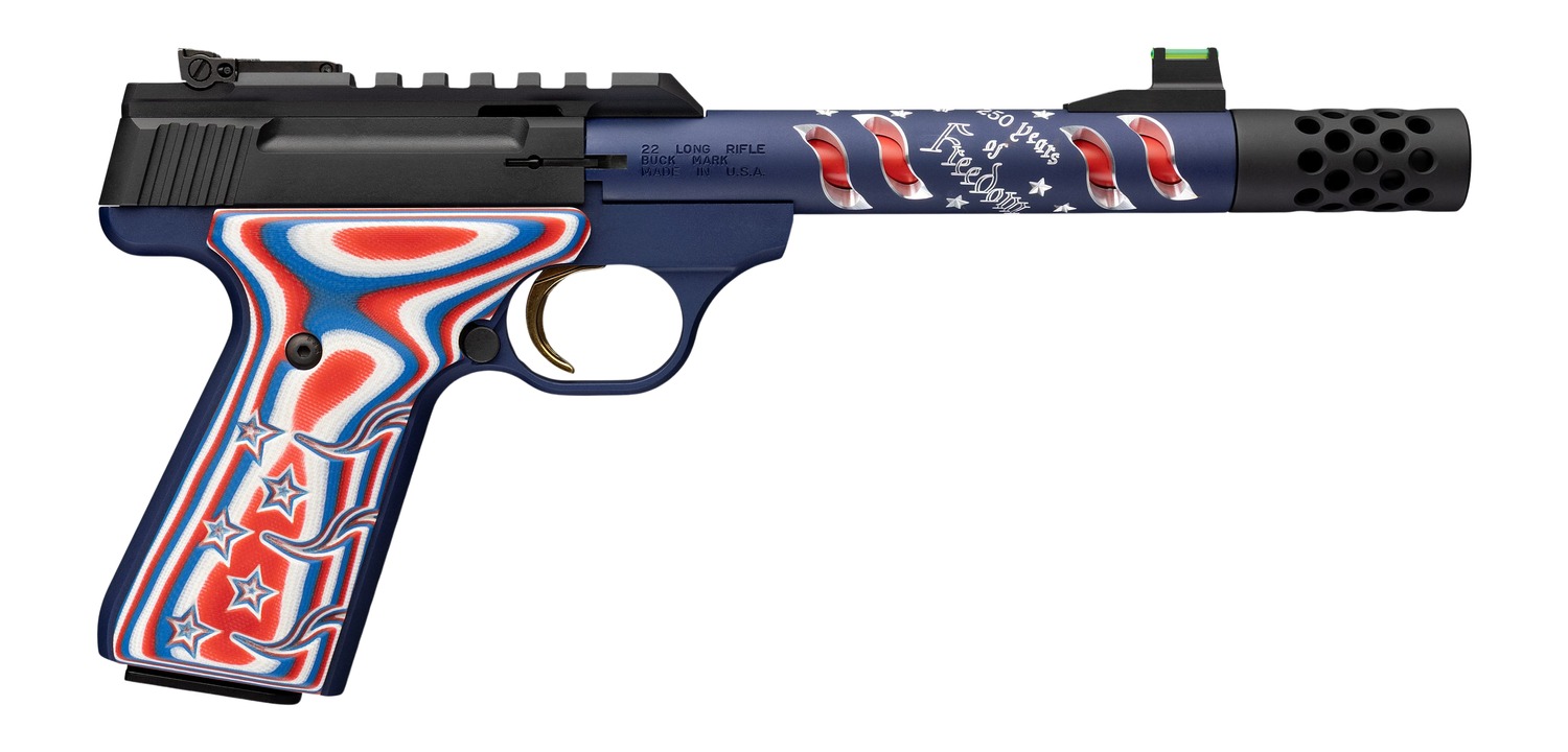 Browning 051615490 Buck Mark Freedom 250 SR 22 LR 10+1 5.90" Waving Flag Threaded Barrel, Blue Anodized Serrated w/Picatinny Rail Aluminum Receiver, Red/White/Blue G10 Grip 3 Browning 051615490 Buck Mark Freedom 250 SR 22 LR 10+1 5.90" Waving Flag Threaded Barrel, Blue Anodized Serrated w/Picatinny Rail Aluminum Receiver, Red/White/Blue G10 Grip