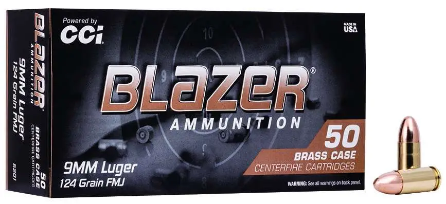 CCI 9MM LUGER 124GR FMJ BLAZER BRASS 50 RD/BX 20 BX/CS 3 CCI 9MM LUGER 124GR FMJ BLAZER BRASS 50 RD/BX 20 BX/CS