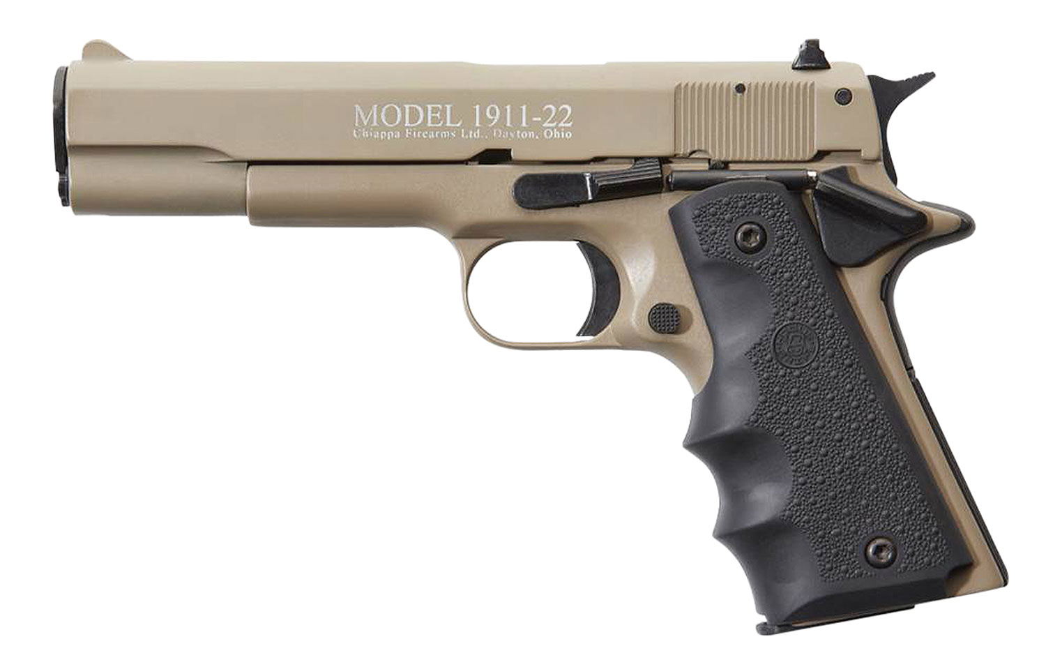 Chiappa Firearms 401120 1911-22  22 LR 10+1, 5" Black Steel Barrel, Tan Serrated Slide, Tan Aluminum Frame w/Beavertail, Black Hogue Rubber Finger Grooved Grip, Manual Thumb Safety, Right Hand