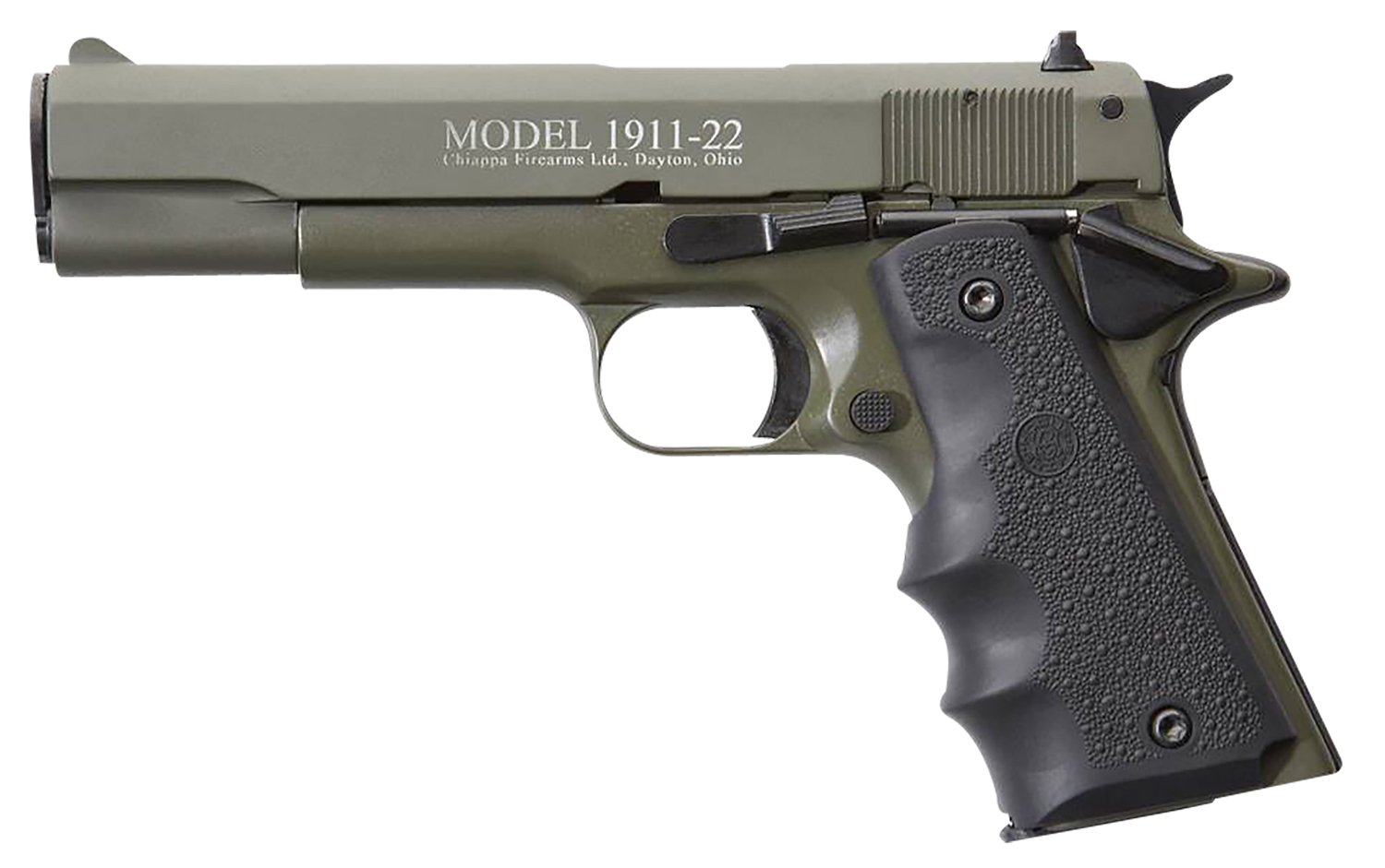 Chiappa Firearms 401121 1911-22 22 LR 10+1 5" OD Green Serrated Steel Slide & Beavertail Frame, Black Hogue Rubber w/Finger Grooves Grip 3 Chiappa Firearms 401121 1911-22 22 LR 10+1 5" OD Green Serrated Steel Slide & Beavertail Frame, Black Hogue Rubber w/Finger Grooves Grip