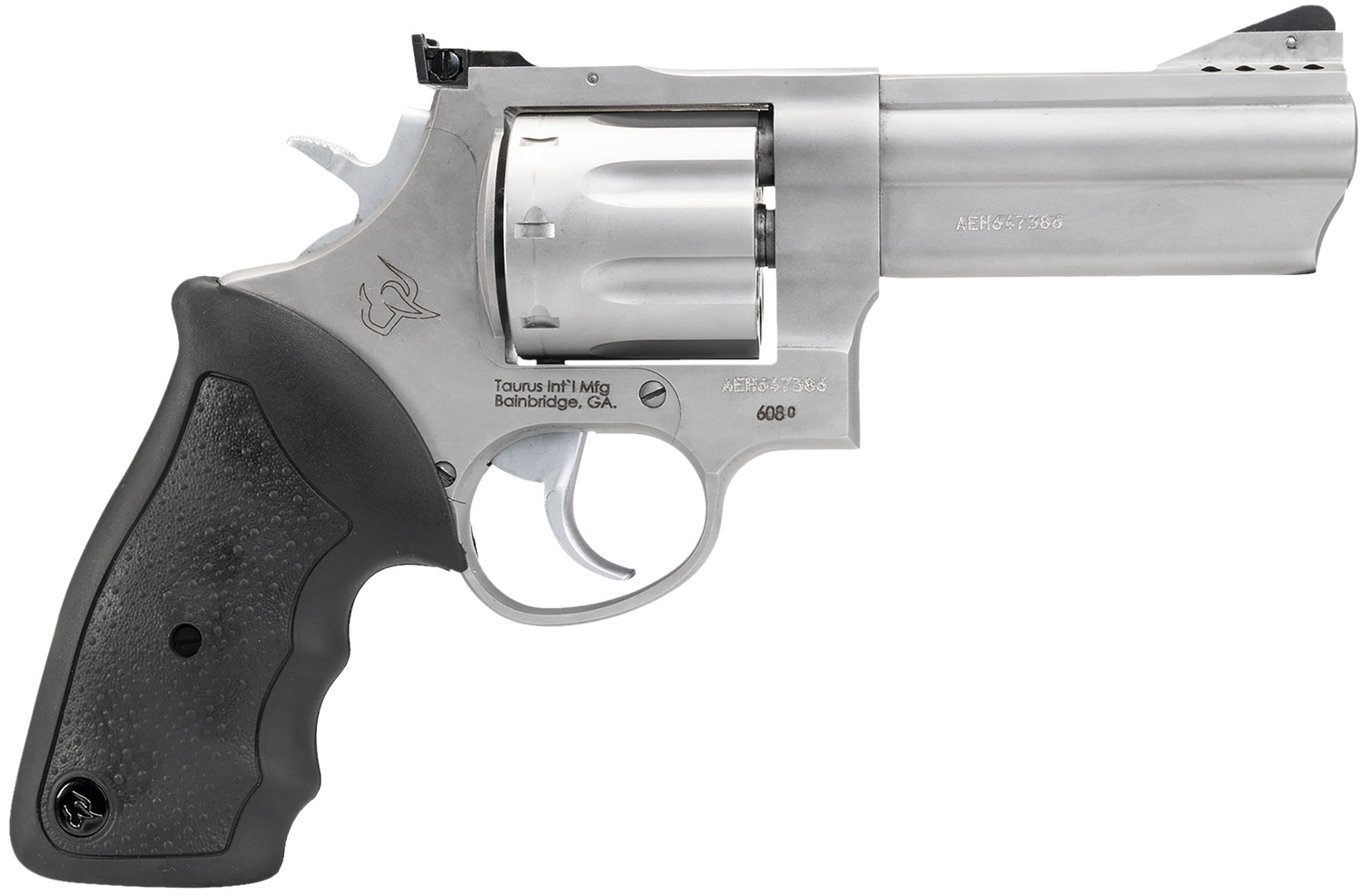 Taurus 2-608049 608  Large 357 Mag/38 Special +P 8 Shot 4" Matte Stainless Steel Ported Barrel, Cylinder & Frame, Black Finger Grooved Rubber Grip, Transfer Bar Safety, Exposed Hammer