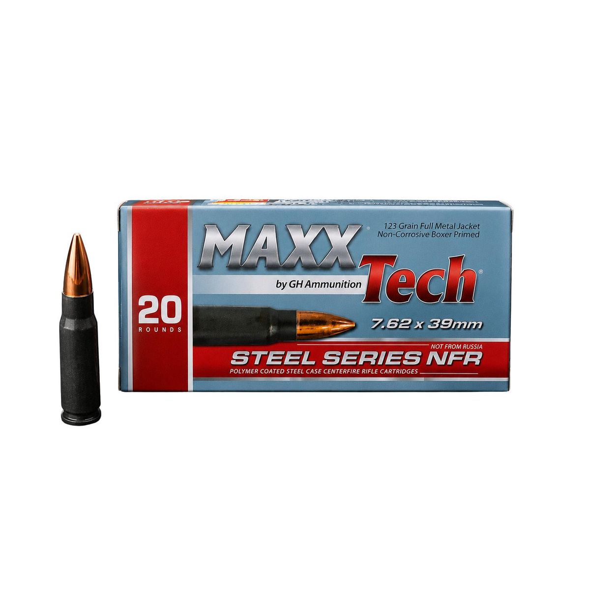 Maxxtech NFR Steel Case Rifle Ammunition 7.62x39mm 123gr FMJ Boxer Primed 2428 fps 20/ct 3 Maxxtech NFR Steel Case Rifle Ammunition 7.62x39mm 123gr FMJ Boxer Primed 2428 fps 20/ct