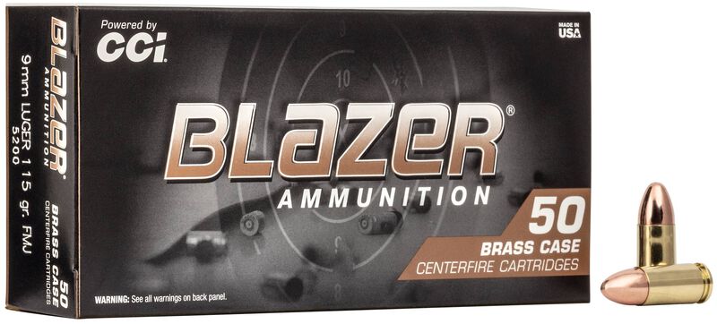 CCI 9MM LUGER 115GR FMJ BLAZER BRASS 50 RD/BX 20 BX/CS 3 CCI 9MM LUGER 115GR FMJ BLAZER BRASS 50 RD/BX 20 BX/CS