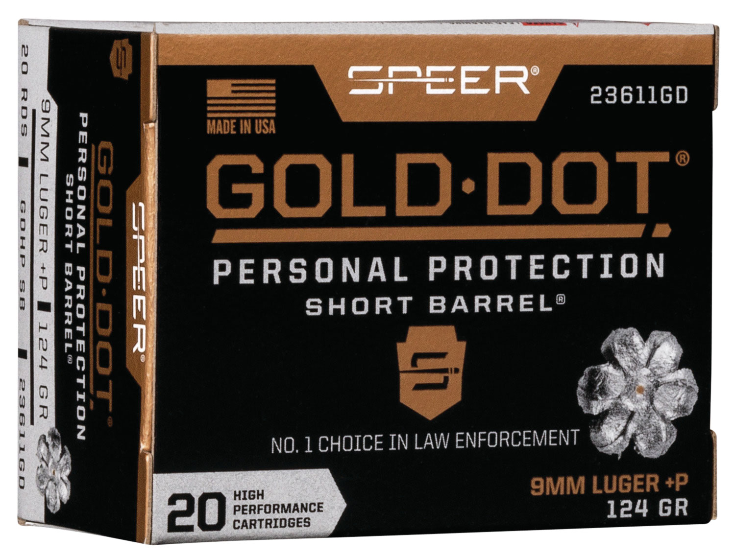 Speer 23611GD Gold Dot Personal Protection Short Barrel 9mmLuger+P 124gr Hollow Point 20 Per Box/10 Case 3 Speer 23611GD Gold Dot Personal Protection Short Barrel 9mmLuger+P 124gr Hollow Point 20 Per Box/10 Case