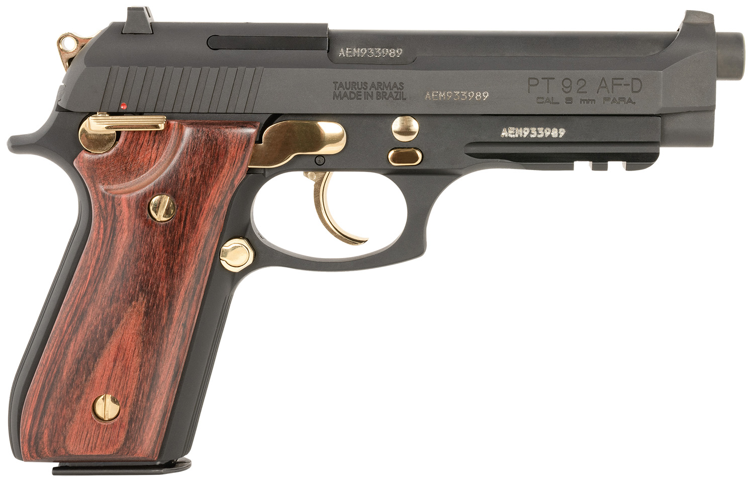 Taurus 1-920151GLD-HW1 92 Full Size Frame 9mm 17+1 5" Matte Black Stainless Steel Barrel, Matte Black Serrated Alloy Steel Slide, Matte Black w/Gold Accents Aluminum Frame w/Picatinny Rail, Wood Grip 3 Taurus 1-920151GLD-HW1 92 Full Size Frame 9mm 17+1 5" Matte Black Stainless Steel Barrel, Matte Black Serrated Alloy Steel Slide, Matte Black w/Gold Accents Aluminum Frame w/Picatinny Rail, Wood Grip