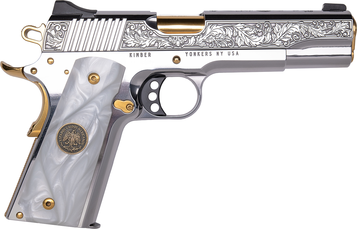 Cnc Firearms CNCPATRIA Kimber 1911 Patria 38 Super 9+1 Gold Plated PVD Barrel, Polished Stainless Steel Engraved/Serrated Slide, Stainless w/Gold Accents Frame, Pearl Grip 3 Cnc Firearms CNCPATRIA Kimber 1911 Patria 38 Super 9+1 Gold Plated PVD Barrel, Polished Stainless Steel Engraved/Serrated Slide, Stainless w/Gold Accents Frame, Pearl Grip
