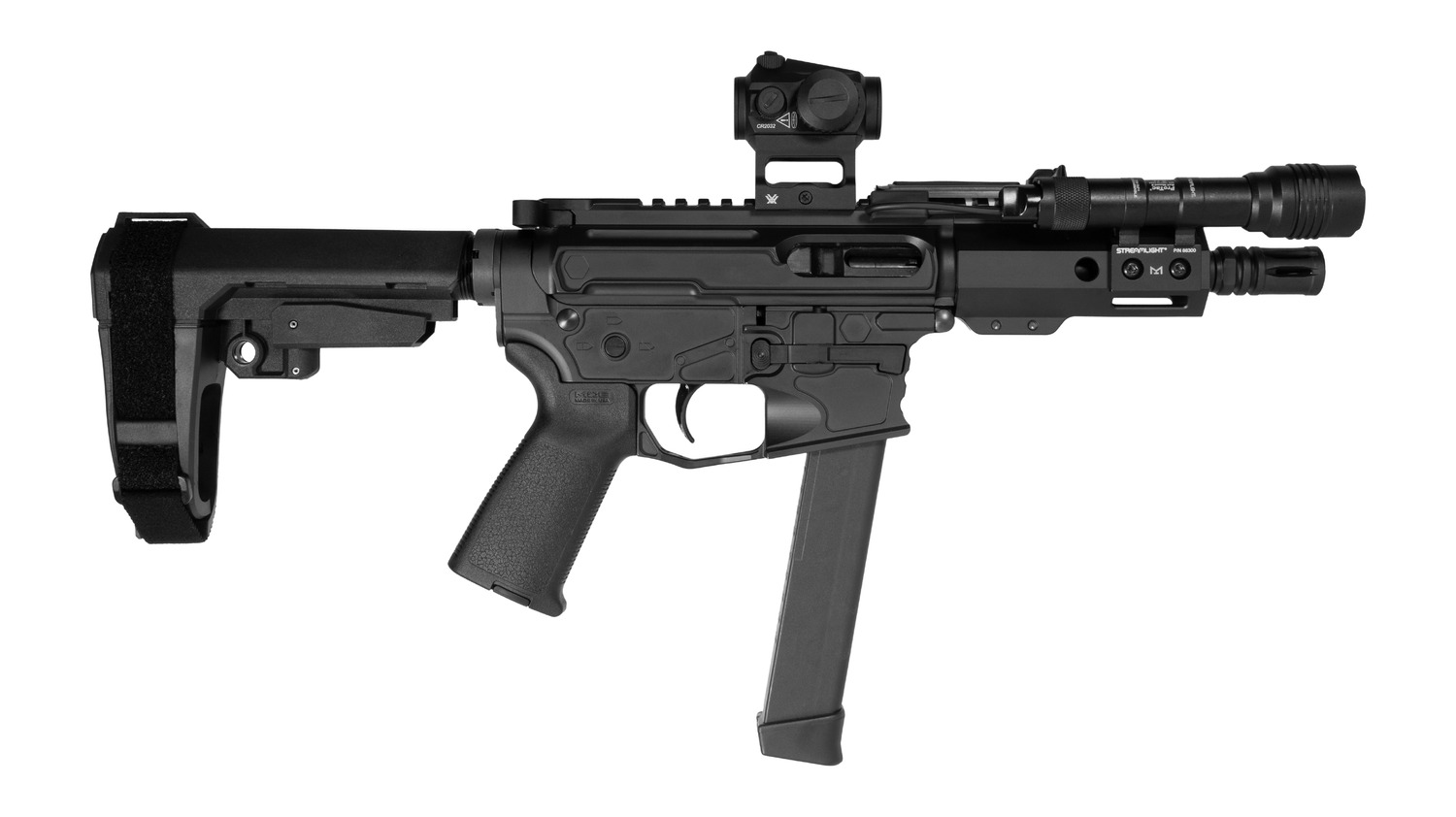 Shark Coast Tactical MNPCC00672 Midnight Bundle 9mm Luger 30+1 5" Threaded Barrel, Aluminum Receiver w/Picatinny Rail. M-LOK Handguard, Polymer SB Tactical SBA3 Brace, Vortex Crossfire Red Dot, Stream