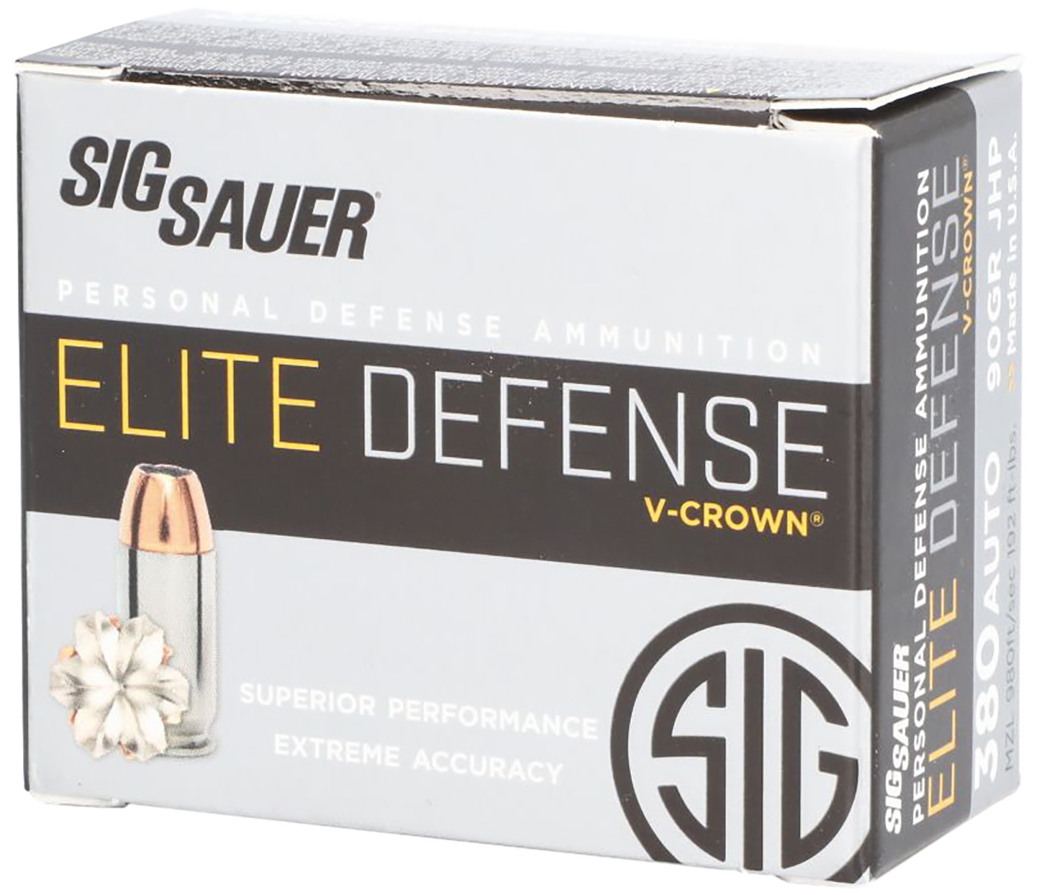 Sig Sauer E380A120 Elite Defense 380ACP 90gr V-Crown Jacketed Hollow Point 20 Per Box/10 Case 3 Sig Sauer E380A120 Elite Defense 380ACP 90gr V-Crown Jacketed Hollow Point 20 Per Box/10 Case