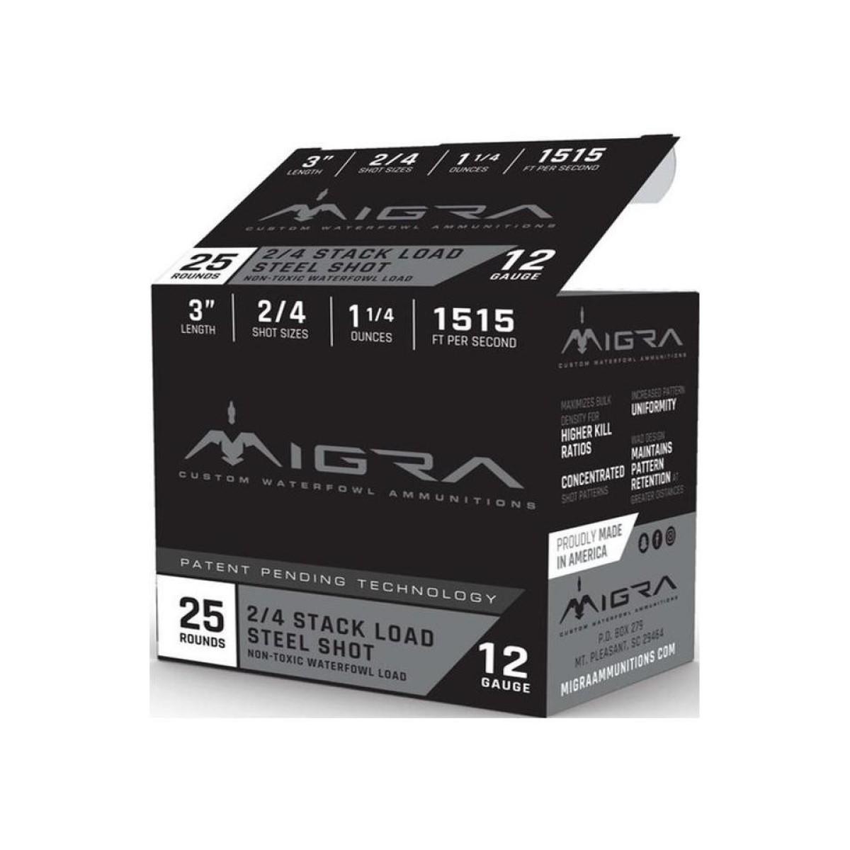 Migra Steel Waterfowl Stacked Shotshell 12ga 3" 1-1/4 oz 1515 fps #2 & #4 25/ct 3 Migra Steel Waterfowl Stacked Shotshell 12ga 3" 1-1/4 oz 1515 fps #2 & #4 25/ct