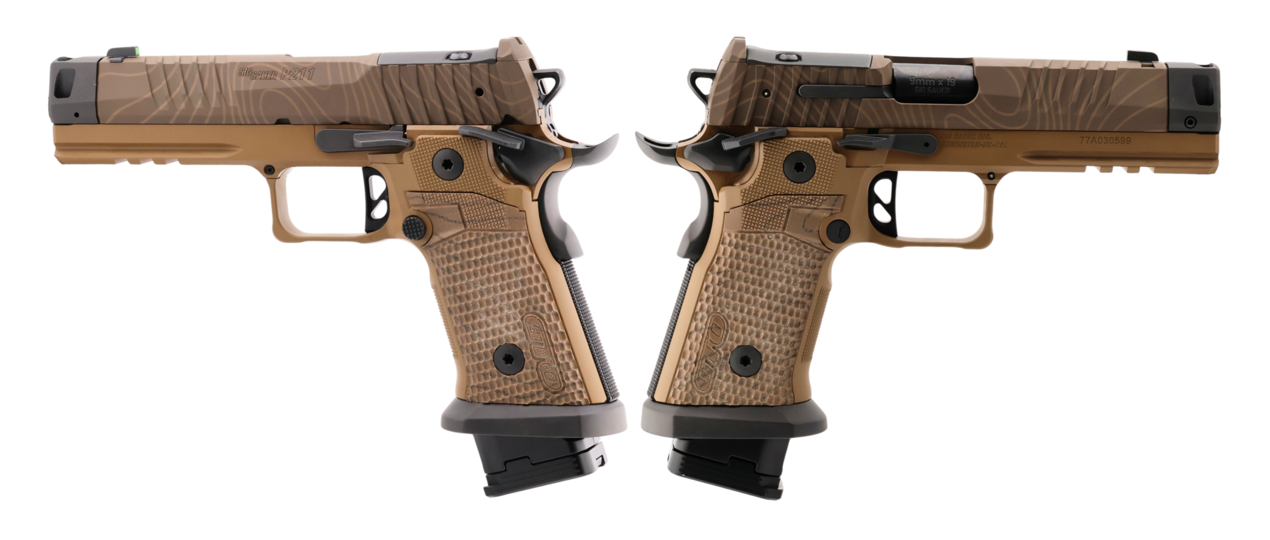 SIG SAUER P211 COMBAT COYOTE TOPO 9MM PISTOL 4.4" MACH3D COMP, G10 GRIP, 1-23RD 2-21RD MAGS 3 SIG SAUER P211 COMBAT COYOTE TOPO 9MM PISTOL 4.4" MACH3D COMP, G10 GRIP, 1-23RD 2-21RD MAGS