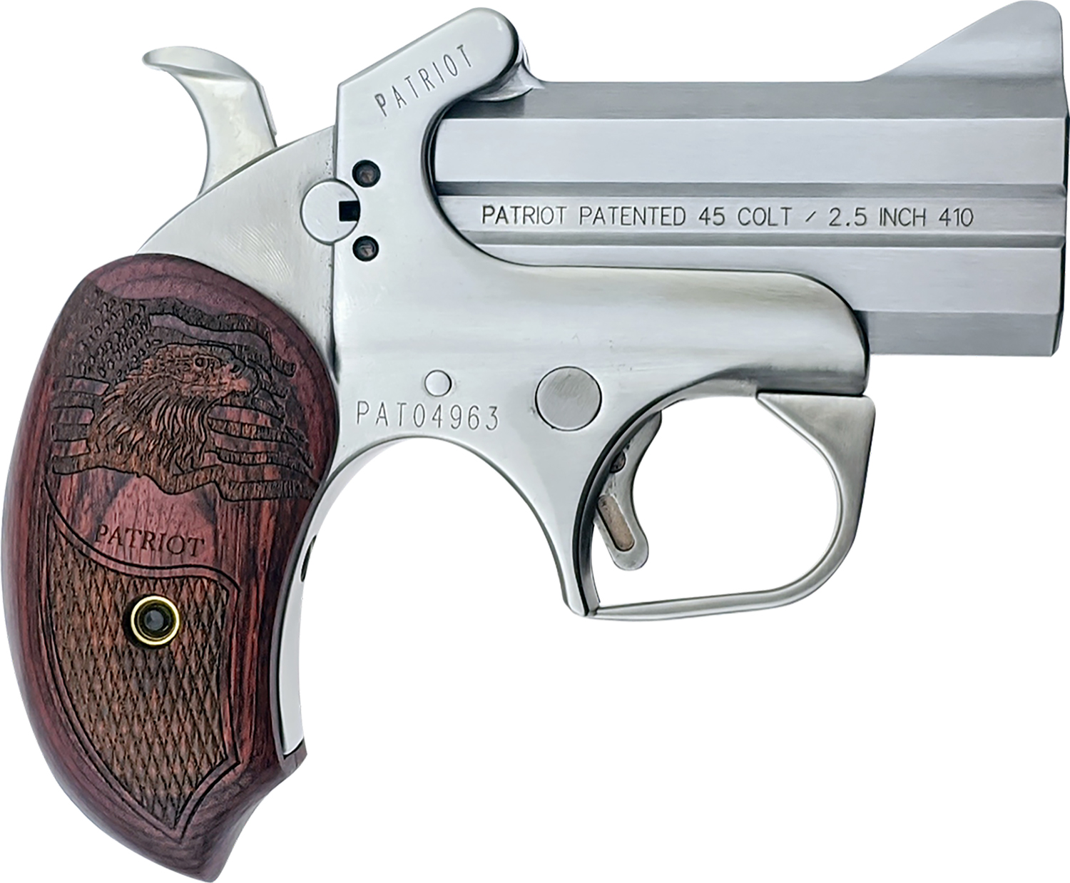 Bond Arms BAPA Patriot Original 45 Colt/410 Gauge 2rd Shot 3"Stainless Steel Barrel Extended Rosewood Grips Right Hand 3 Bond Arms BAPA Patriot Original 45 Colt/410 Gauge 2rd Shot 3"Stainless Steel Barrel Extended Rosewood Grips Right Hand