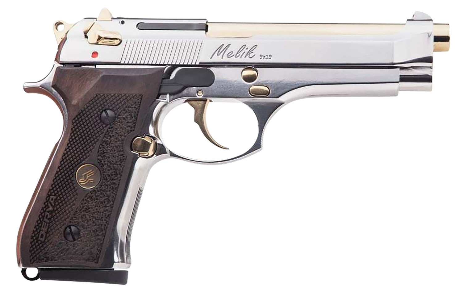 Derya Firearms 10L.MELIK9.NG.TR Melik 9mm Luger 10+1 4.90" Gold TiN Steel Barrel, Black Melonite Serrated Steel Slide, Black Aluminum Frame, Black Polymer Grip