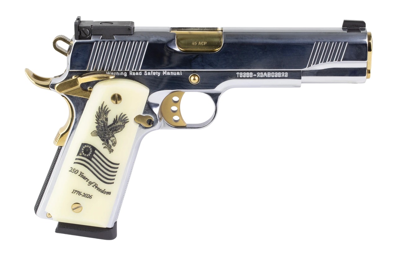 Girsan 391096 MC1911 USA 250th 45 ACP 8+1 5" Polished Chrome Stainless Steel Serrated Slide & Frame w/Beavertail, Eagle w/Flag Grip 3 Girsan 391096 MC1911 USA 250th 45 ACP 8+1 5" Polished Chrome Stainless Steel Serrated Slide & Frame w/Beavertail, Eagle w/Flag Grip