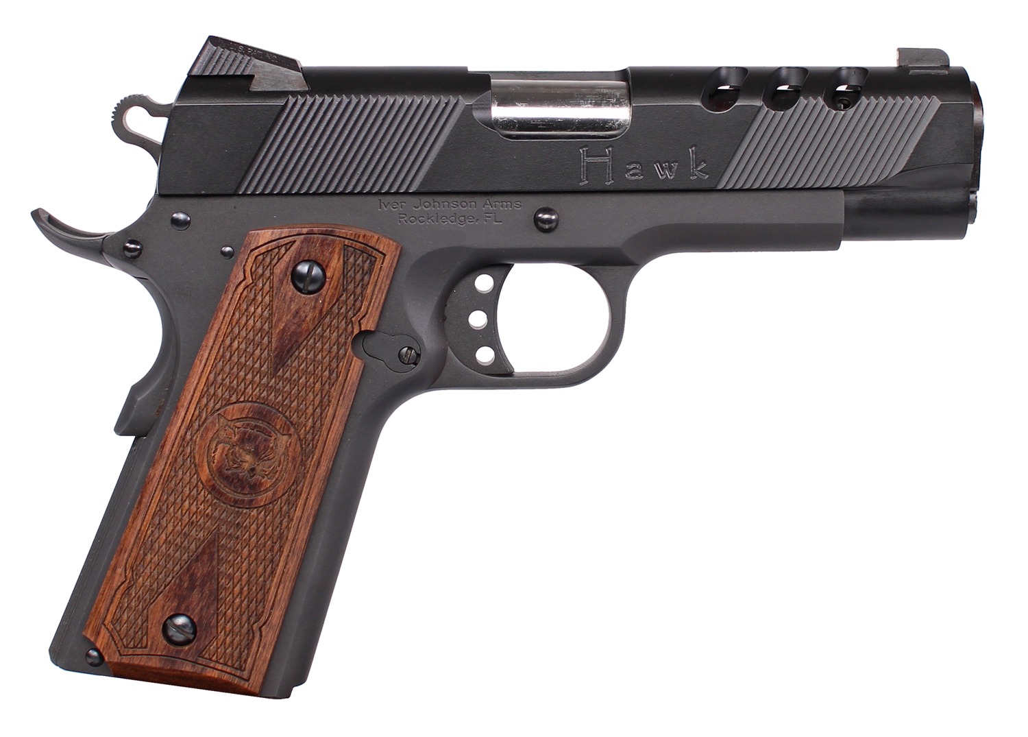 Iver Johnson Arms HAWK45P Hawk Commander 45 ACP 8+1 4.25" Black Ported Barrel, Matte Black Steel Ported/Serrated Slide, Matte Black Steel Frame w/Beavertail, Checkered Double Diamond Walnut Grip, Righ 3 Iver Johnson Arms HAWK45P Hawk Commander 45 ACP 8+1 4.25" Black Ported Barrel, Matte Black Steel Ported/Serrated Slide, Matte Black Steel Frame w/Beavertail, Checkered Double Diamond Walnut Grip, Righ