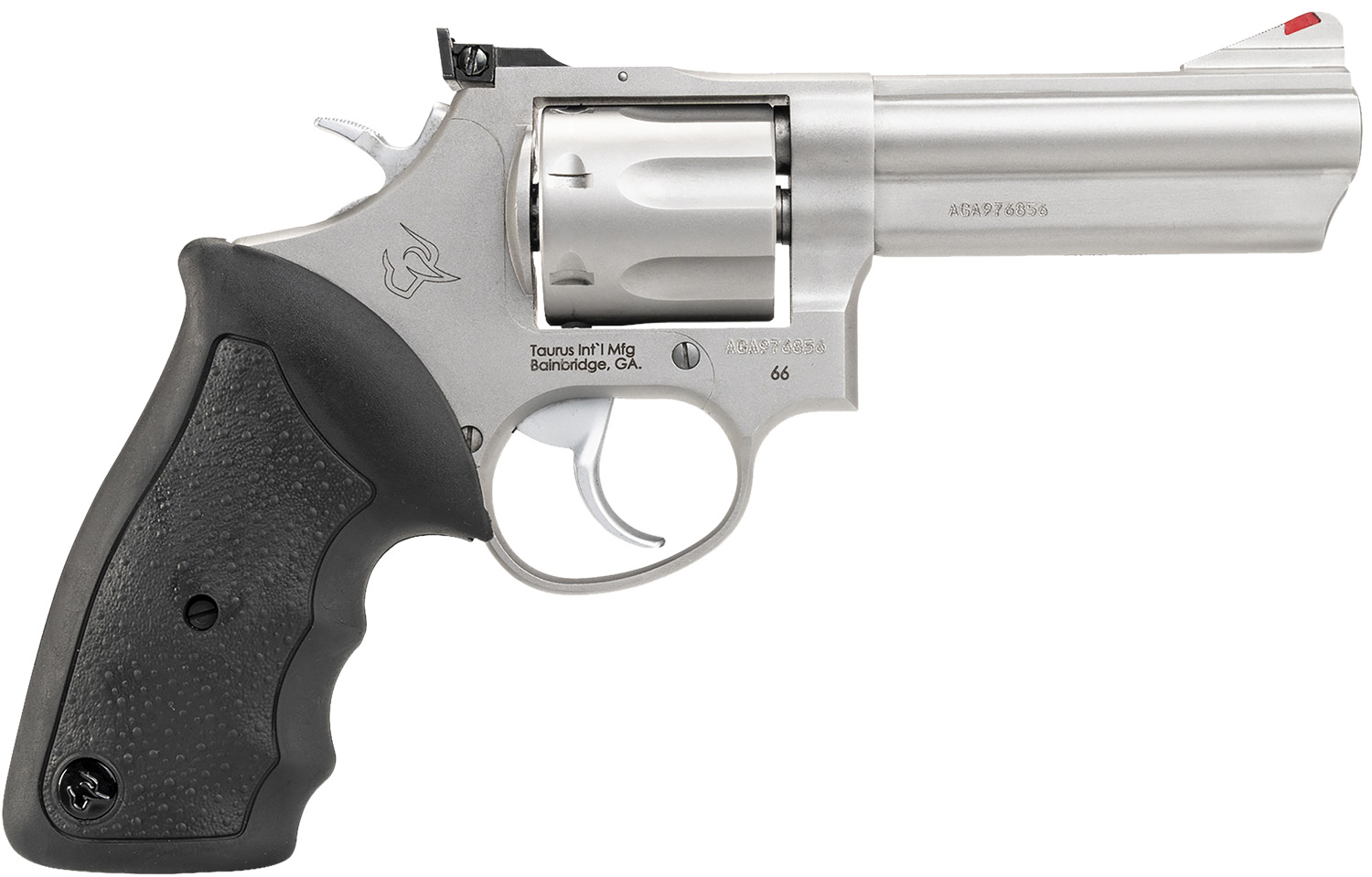 Taurus 2-660049 66  Medium 357 Mag/38 Special +P 7 Shot 4" Matte Stainless Steel Barrel, Cylinder & Frame, Black Finger Grooved Rubber Grip, Transfer Bar Safety, Exposed Hammer