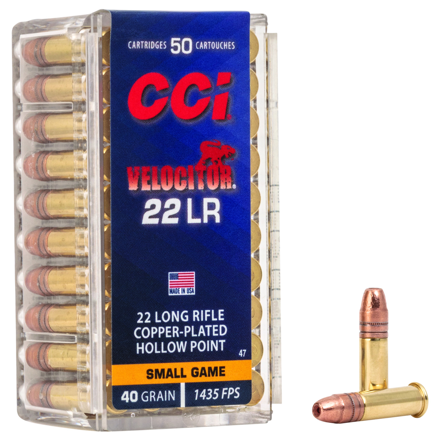 CCI 0047 Velocitor Rimfire 22LR 40gr Copper Plated Hollow Point 50 Per Box/100 Case 3 CCI 0047 Velocitor Rimfire 22LR 40gr Copper Plated Hollow Point 50 Per Box/100 Case