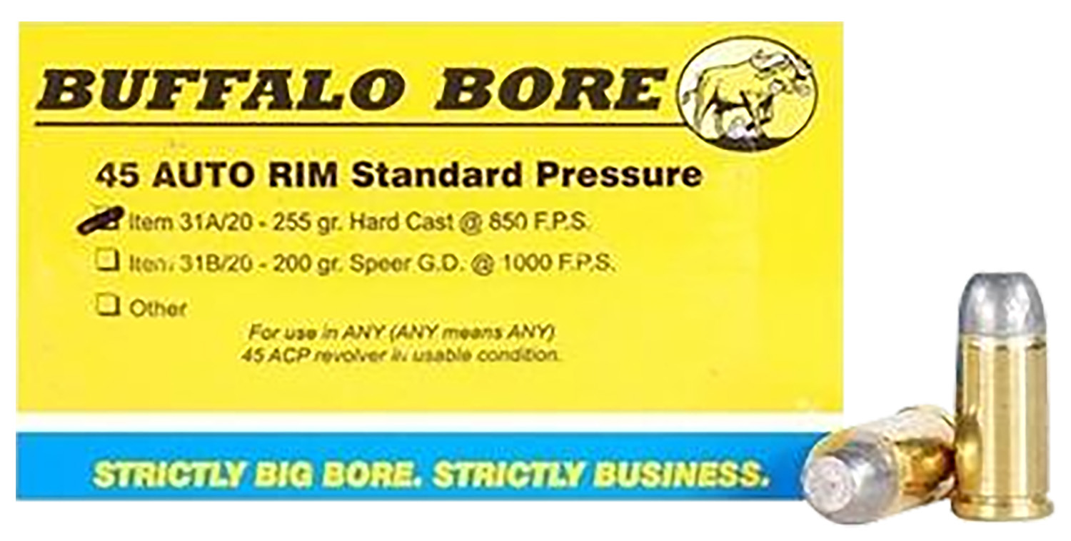 Buffalo Bore Ammunition 31A20 Standard Pressure Strictly Business 45Auto Rim 255gr Hard Cast Flat Nose 20 Per Box/12 Case 3 Buffalo Bore Ammunition 31A20 Standard Pressure Strictly Business 45Auto Rim 255gr Hard Cast Flat Nose 20 Per Box/12 Case