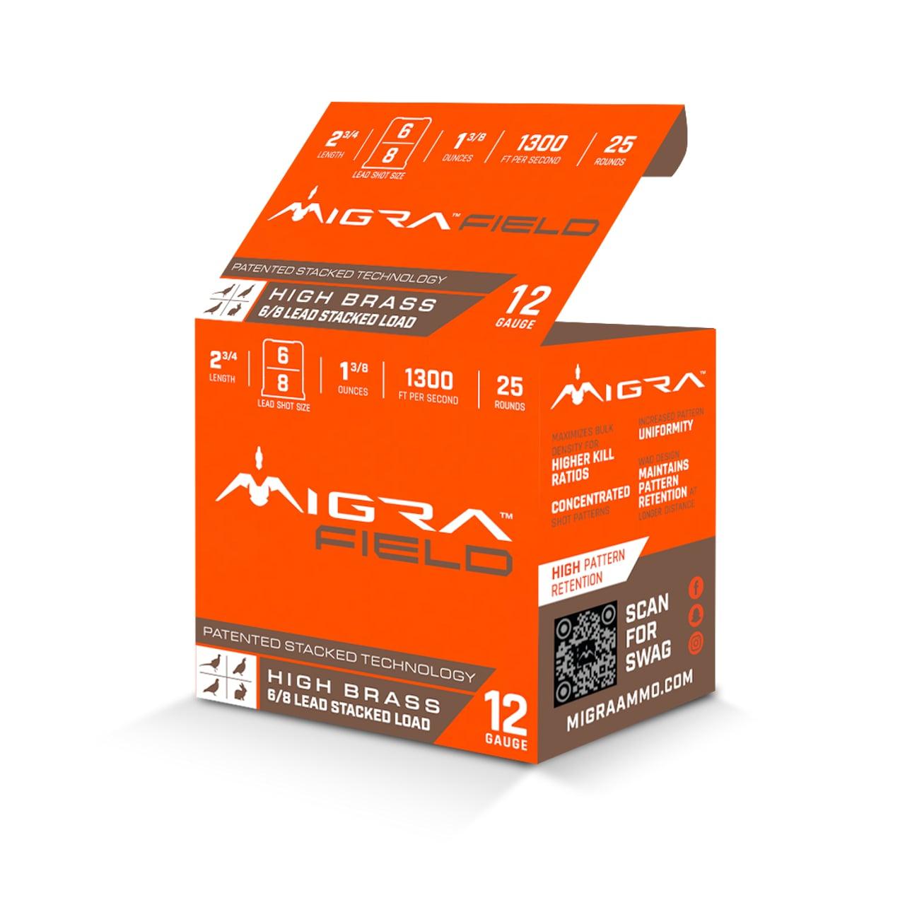 Migra Ultimate Field Hi-Brass Lead Stacked Shotshells 12ga 2-3/4" 1-3/8oz 1300 fps #6 & 8 Shot 25/ct 3 Migra Ultimate Field Hi-Brass Lead Stacked Shotshells 12ga 2-3/4" 1-3/8oz 1300 fps #6 & 8 Shot 25/ct
