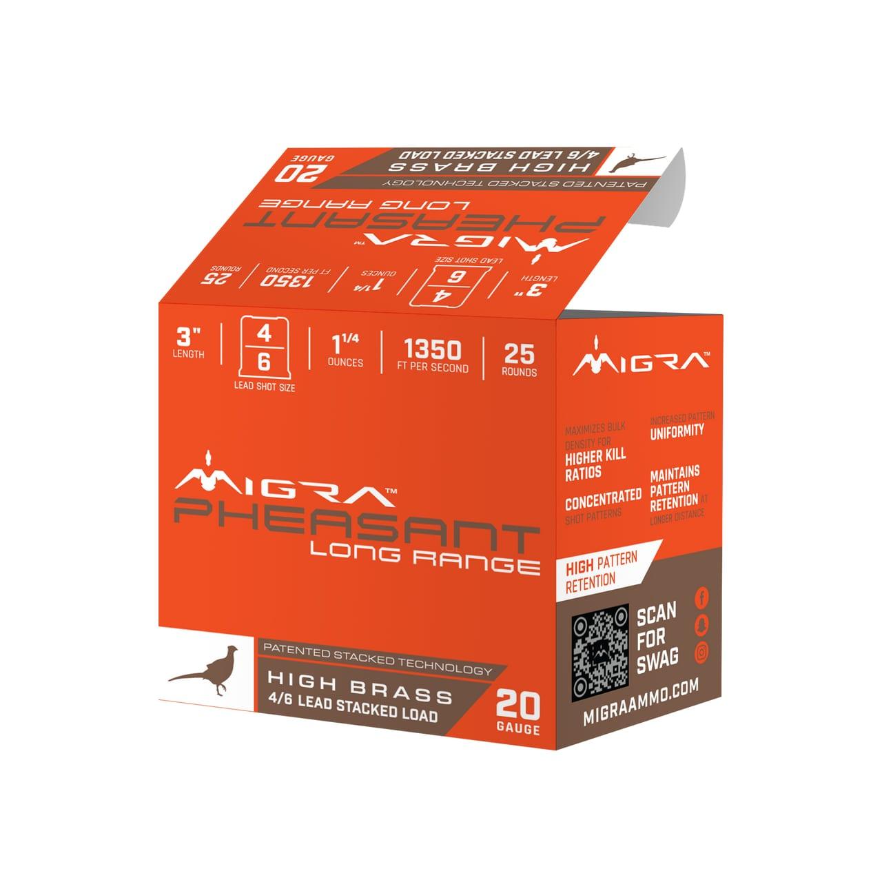 Migra Pheasant Long Range Shotshells 20ga 3" 1-1/4oz 1350 fps #4 & #6 25/ct
