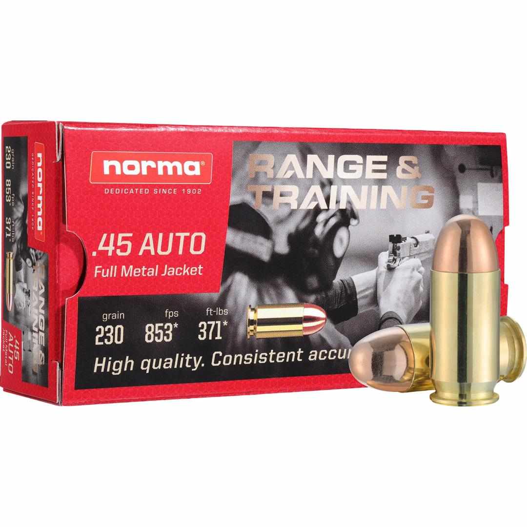 Norma Range and Training Handgun Ammunition .45 Auto 230gr FMJ 853 fps 50/ct 3 Norma Range and Training Handgun Ammunition .45 Auto 230gr FMJ 853 fps 50/ct