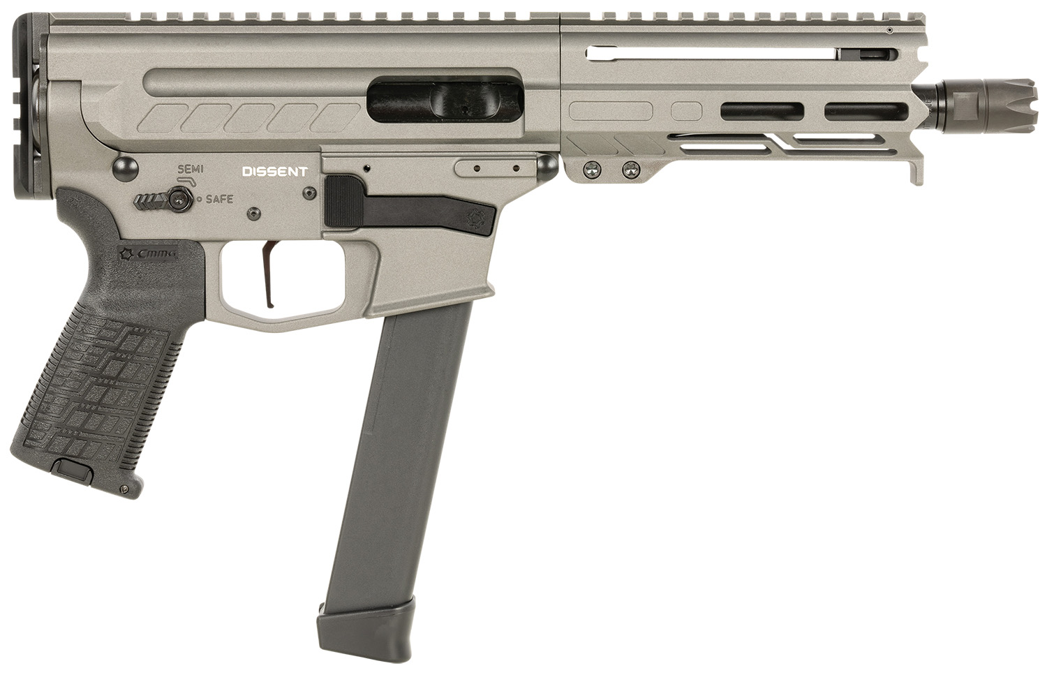 Catalog 77 CMMG 99A68A2TNG Dissent MKGS 9mm Luger 33+1 6.50", Tungsten Gray Rec, Picatinny Brace Adapter, 5.50" M-LOK Handguard, Left Side Charging Handle, Zeroed Linear Comp, TriggerTech Trigger