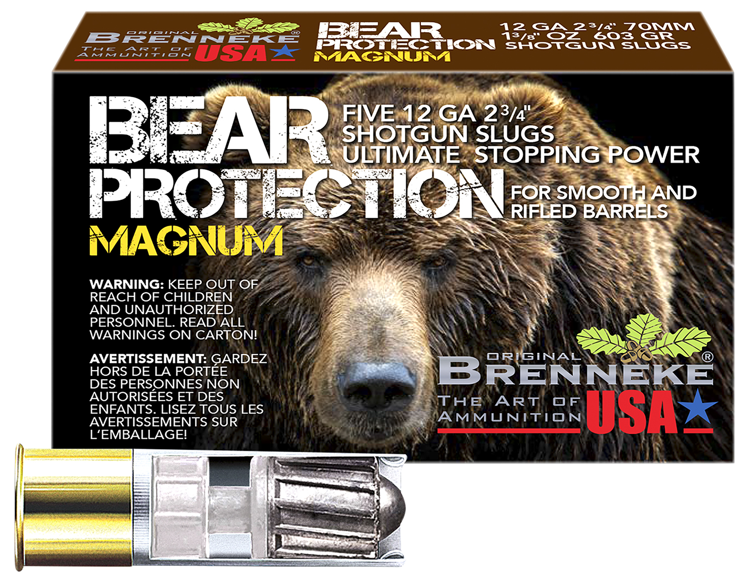 Brenneke SL122BPM Bear Protection 12Gauge 2.75" 1 3/8oz Slug Shot 5 Per Box/50 Case 3 Brenneke SL122BPM Bear Protection 12Gauge 2.75" 1 3/8oz Slug Shot 5 Per Box/50 Case