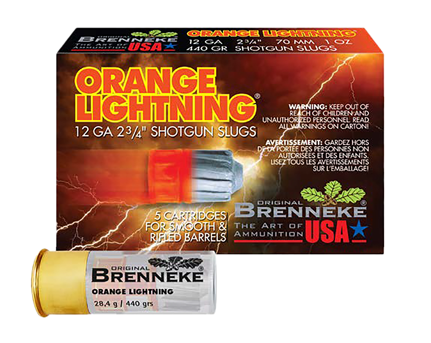 Brenneke SL122OL Orange Lightning 12Gauge 2.75" 1oz Slug Shot 5 Per Box/50 Case 3 Brenneke SL122OL Orange Lightning 12Gauge 2.75" 1oz Slug Shot 5 Per Box/50 Case