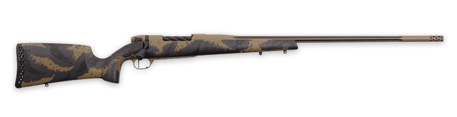 Weatherby MAX01N300PR8B Mark V Apex 300 PRC 3+1 26" Graphite Black & Tan Cerakote Fluted Threaded Barrel, Tan Cerakote Steel Drilled & Tapped Receiver, Carbon Fiber w/Brown & Tan Sponge Accents Fixed