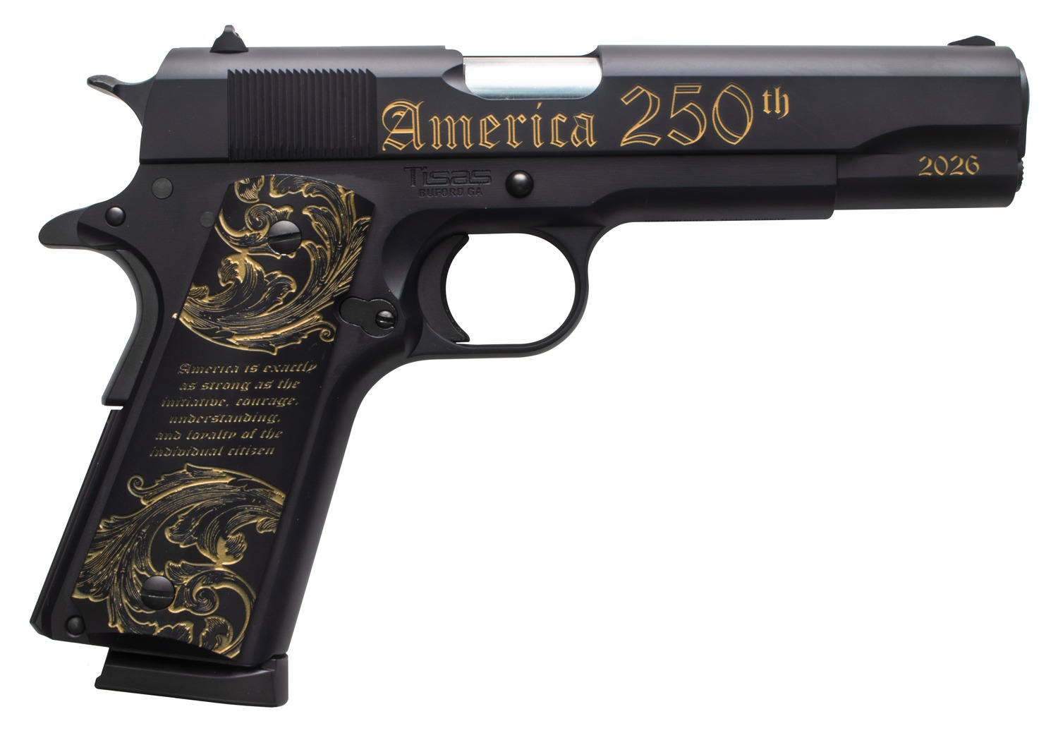 Tisas Arms 10100518US250 1911 America's 250th Full Size 45 ACP 7+1 5" Stainless Barrel, Black w/Gold Engraving Steel Serrated Slide, Black w/Gold Engraving Steel Frame w/Beavertail, Black w/Gold Accen 3 Tisas Arms 10100518US250 1911 America's 250th Full Size 45 ACP 7+1 5" Stainless Barrel, Black w/Gold Engraving Steel Serrated Slide, Black w/Gold Engraving Steel Frame w/Beavertail, Black w/Gold Accen