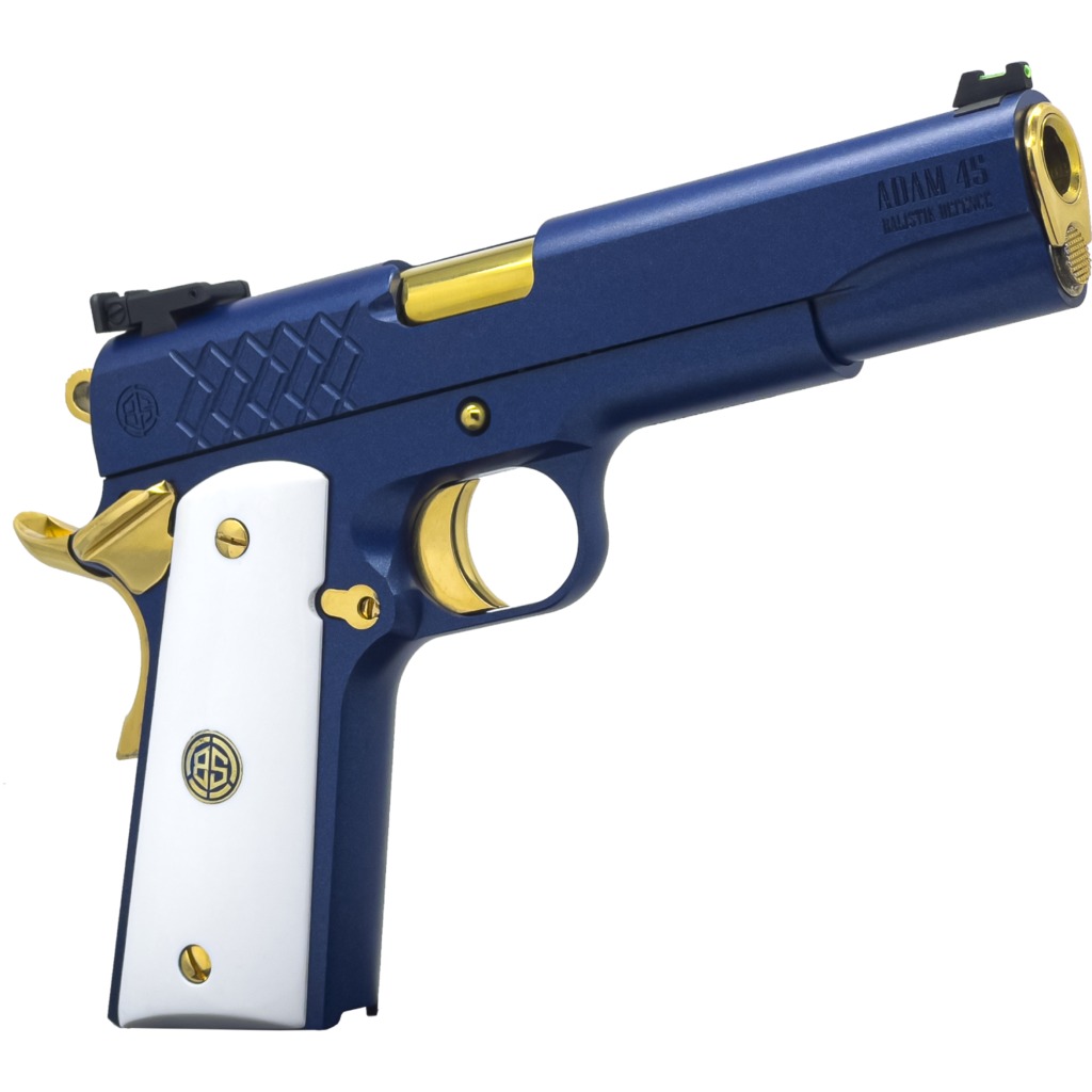 Dickinson LLC DKSN45SM Adam 1911 Sapphire Full Size 45 ACP 8+1 5" Gold Barrel, Blue Sapphire Steel Slide & Frame w/Beavertail White Grip 3 Dickinson LLC DKSN45SM Adam 1911 Sapphire Full Size 45 ACP 8+1 5" Gold Barrel, Blue Sapphire Steel Slide & Frame w/Beavertail White Grip