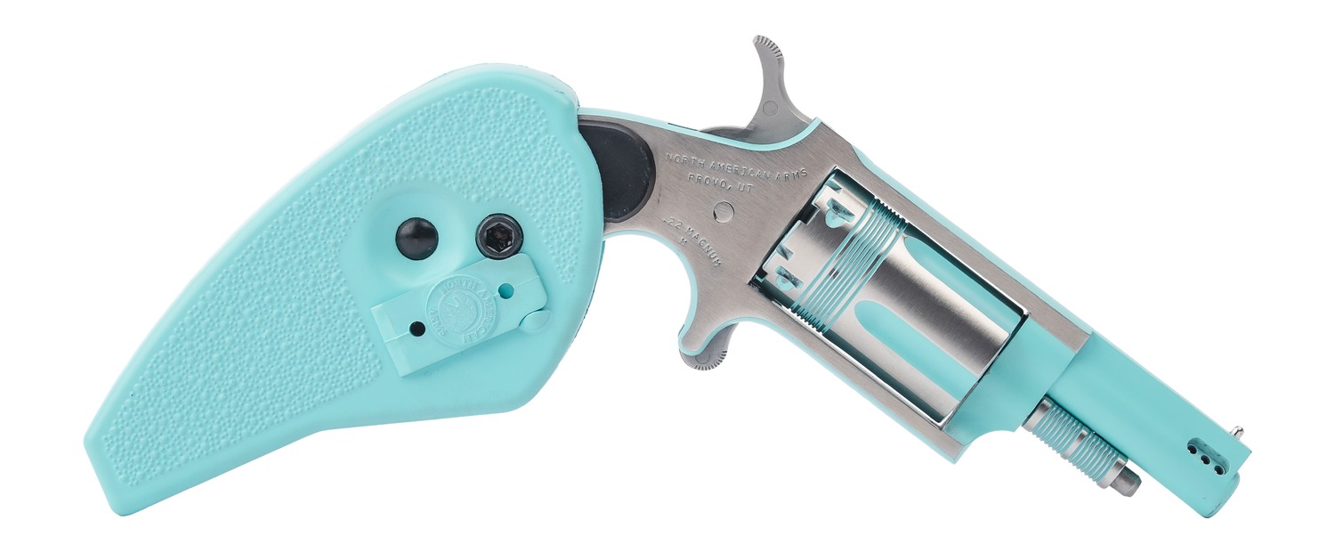 North American Arms 22M-PB-HG Rose 22 LR 5rd Shot 1.13" Turquoise Cerakote Stainless Steel Barrel & Frame, Stainless Cylinder, Folding Holster Grip, Safety Notch, Exposed Hammer