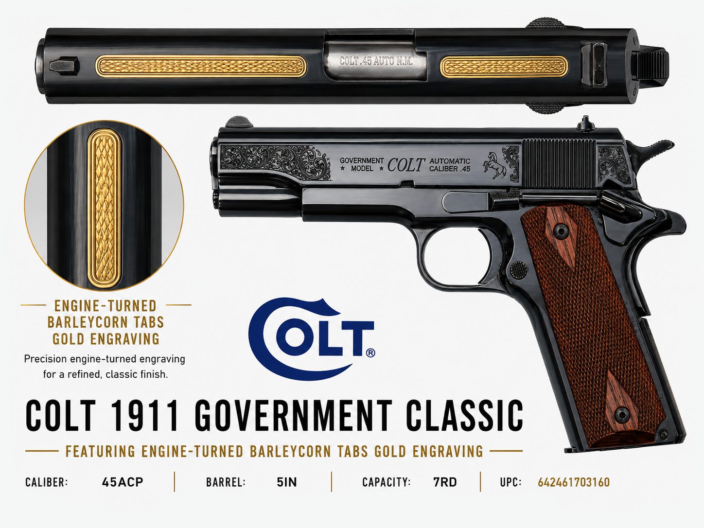 COLT 1911 GOVERNMENT CLASSIC 45ACP 5IN BARREL 7RD BLACK BARLEYCORN TABS GOLD SCROLLED O1911C-CX006T CAMFOUR EXCLUSIVE 3 COLT 1911 GOVERNMENT CLASSIC 45ACP 5IN BARREL 7RD BLACK BARLEYCORN TABS GOLD SCROLLED O1911C-CX006T CAMFOUR EXCLUSIVE