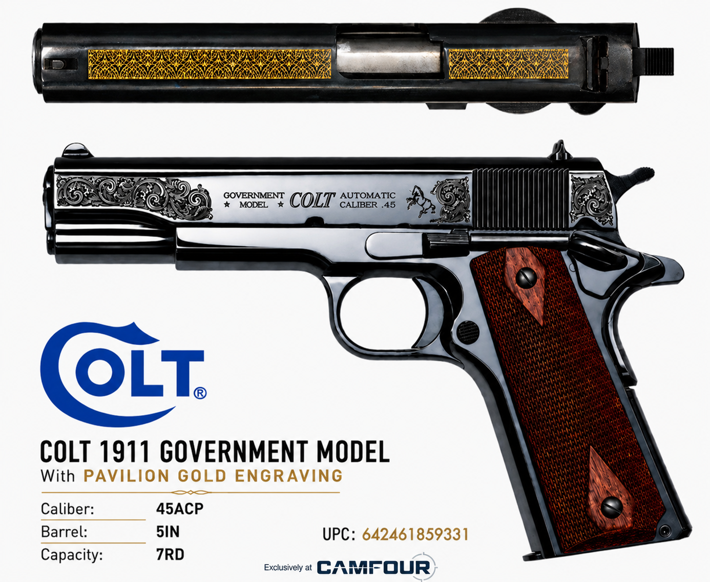 COLT 1911 GOVERNMENT CLASSIC 45ACP 5IN BARREL 7RD BLACK PAVILION GOLD SCROLLED CX007T 3 COLT 1911 GOVERNMENT CLASSIC 45ACP 5IN BARREL 7RD BLACK PAVILION GOLD SCROLLED CX007T