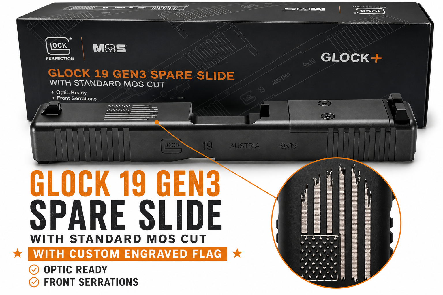 GLOCK SLIDE ONLY SILVER DISTRESSED FLAG G19 (GEN3/MOS/FS) 79008 DTFLAG CAMFOUR EXCLUSIVE 3 GLOCK SLIDE ONLY SILVER DISTRESSED FLAG G19 (GEN3/MOS/FS) 79008 DTFLAG CAMFOUR EXCLUSIVE