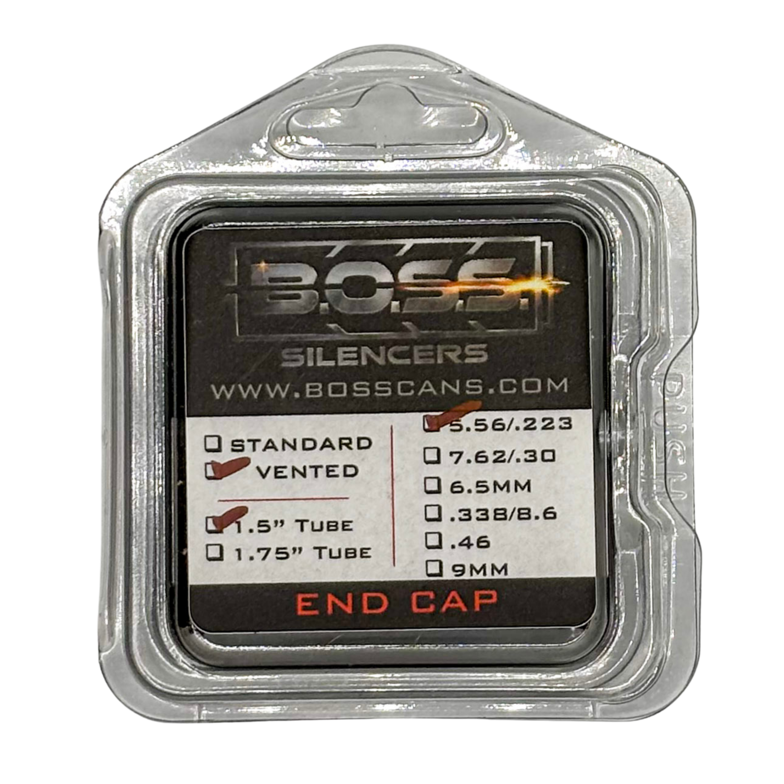 BOSS 5.56MM END CAP FOR 1.5IN BOSS SILENCER MODELS ONLY STAINLESS END CAP VENTED BLACK EC-150-556-SS-VE-BLK 3 BOSS 5.56MM END CAP FOR 1.5IN BOSS SILENCER MODELS ONLY STAINLESS END CAP VENTED BLACK EC-150-556-SS-VE-BLK