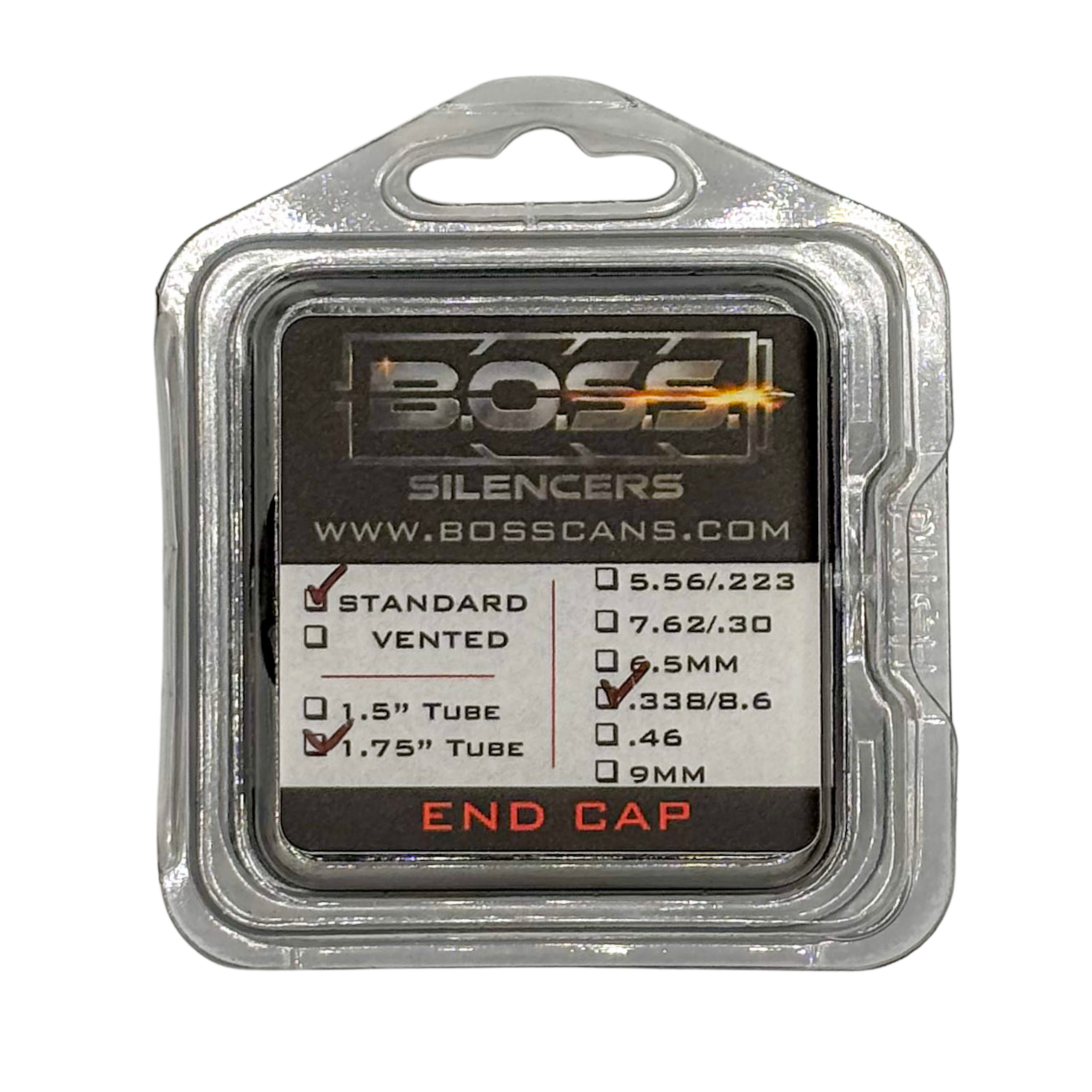 BOSS .338 CAL END CAP FOR 1.75IN BOSS SILENCER MODELS ONLY STAINLESS END CAP STANDARD BLACK EC-175-338-SS-SE-BLK 3 BOSS .338 CAL END CAP FOR 1.75IN BOSS SILENCER MODELS ONLY STAINLESS END CAP STANDARD BLACK EC-175-338-SS-SE-BLK