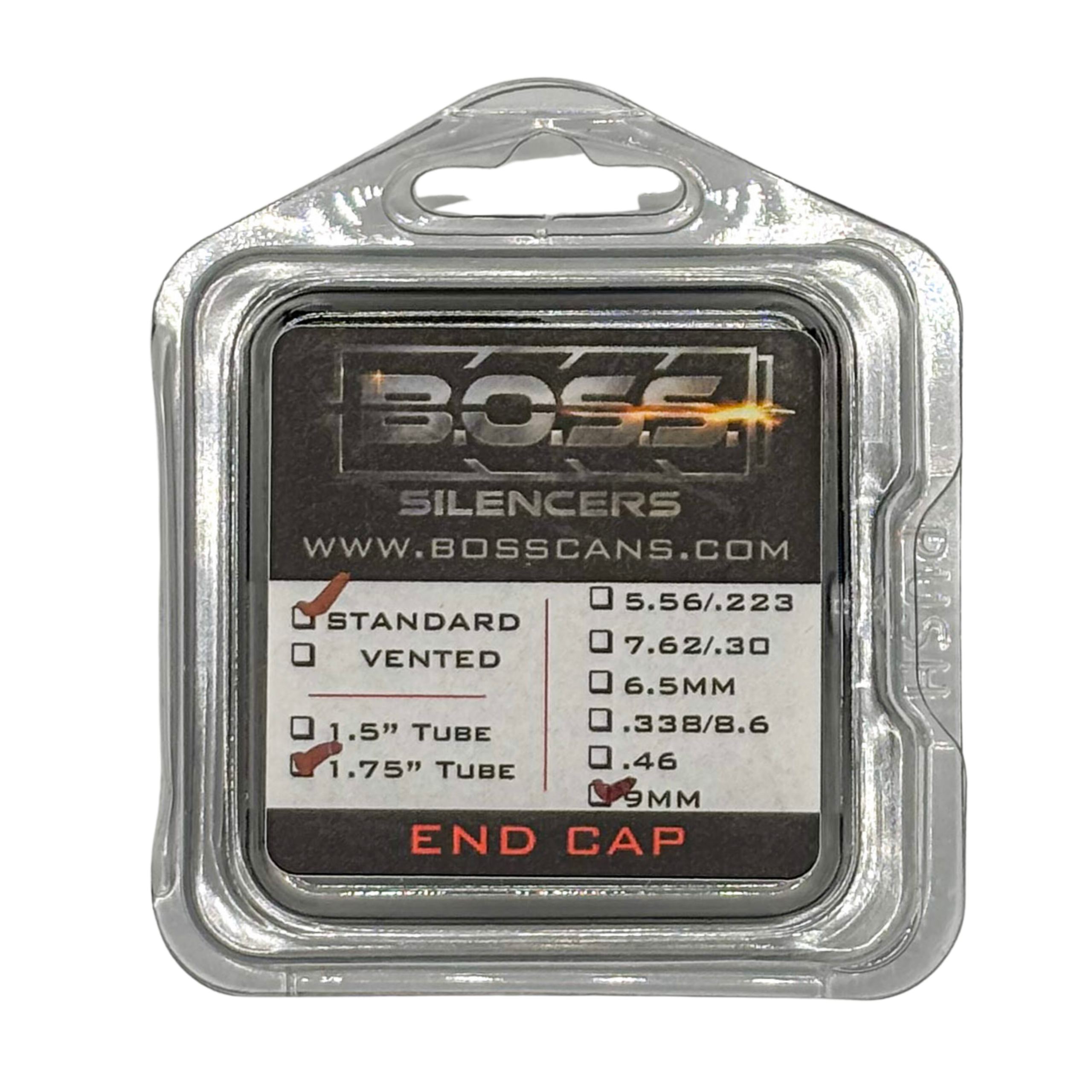 BOSS 9MM END CAP FOR 1.75IN BOSS SILENCER MODELS ONLY STAINLESS END CAP STANDARD BLACK EC-175-9MM-SS-SE-BLK 3 BOSS 9MM END CAP FOR 1.75IN BOSS SILENCER MODELS ONLY STAINLESS END CAP STANDARD BLACK EC-175-9MM-SS-SE-BLK