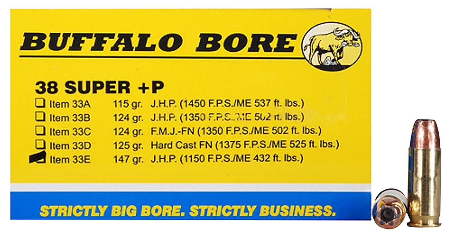 Buffalo Bore Ammunition 33E20 Personal Defense Strictly Business 38Super +P 147gr Jacket Hollow Point 20 Per Box/12 Case 3 Buffalo Bore Ammunition 33E20 Personal Defense Strictly Business 38Super +P 147gr Jacket Hollow Point 20 Per Box/12 Case