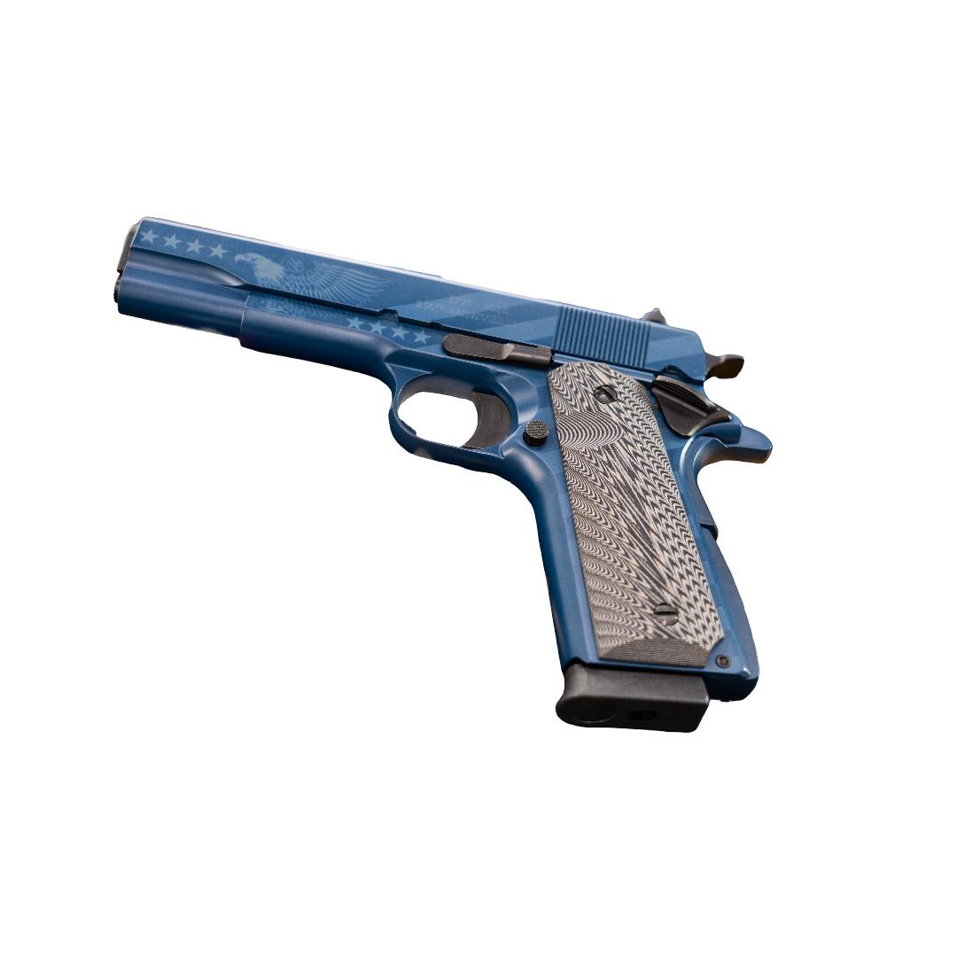 Chiappa 1911 250th Anniversary Handgun .45 Auto 8rd Magazine 5'' Barrel Blue Navy Cerekote G10 Grips 3 Chiappa 1911 250th Anniversary Handgun .45 Auto 8rd Magazine 5'' Barrel Blue Navy Cerekote G10 Grips