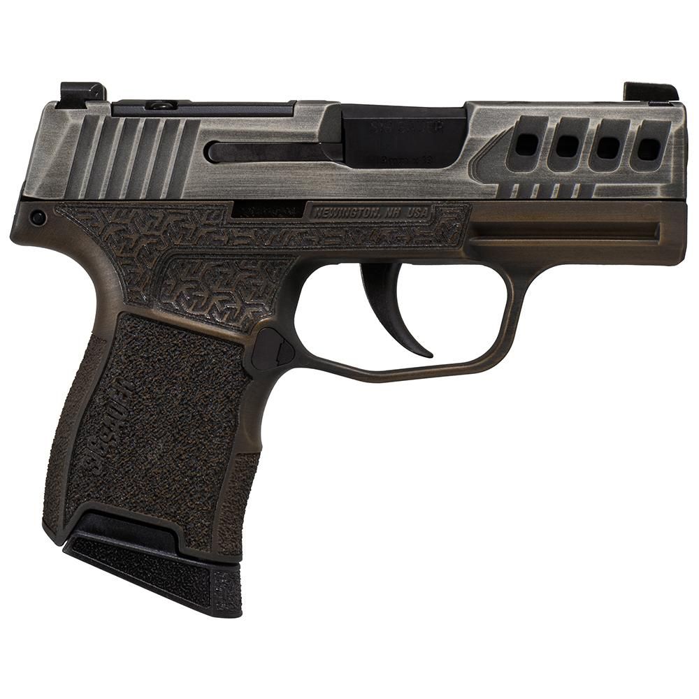 Sig Sauer P365 "Gold Bug" Handgun 9mm luger 10rd Magazines(2) 3.1" Black Barrel Tactical Cut Distressed Grey Slide/Brown Grip Octagon Stippling 3 Sig Sauer P365 "Gold Bug" Handgun 9mm luger 10rd Magazines(2) 3.1" Black Barrel Tactical Cut Distressed Grey Slide/Brown Grip Octagon Stippling