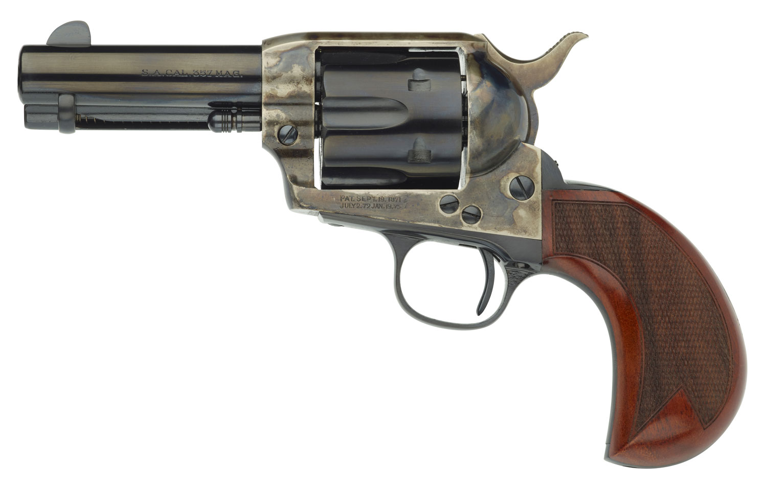 Taylors & Company 555132 1873 Cattleman 357 Mag Caliber with 3.50" Blued Finish Barrel, 6rd Capacity Blued Finish Cylinder, Color Case Hardened Finish Steel Frame & Checkered Birdshead Walnut Grip 3 Taylors & Company 555132 1873 Cattleman 357 Mag Caliber with 3.50" Blued Finish Barrel, 6rd Capacity Blued Finish Cylinder, Color Case Hardened Finish Steel Frame & Checkered Birdshead Walnut Grip