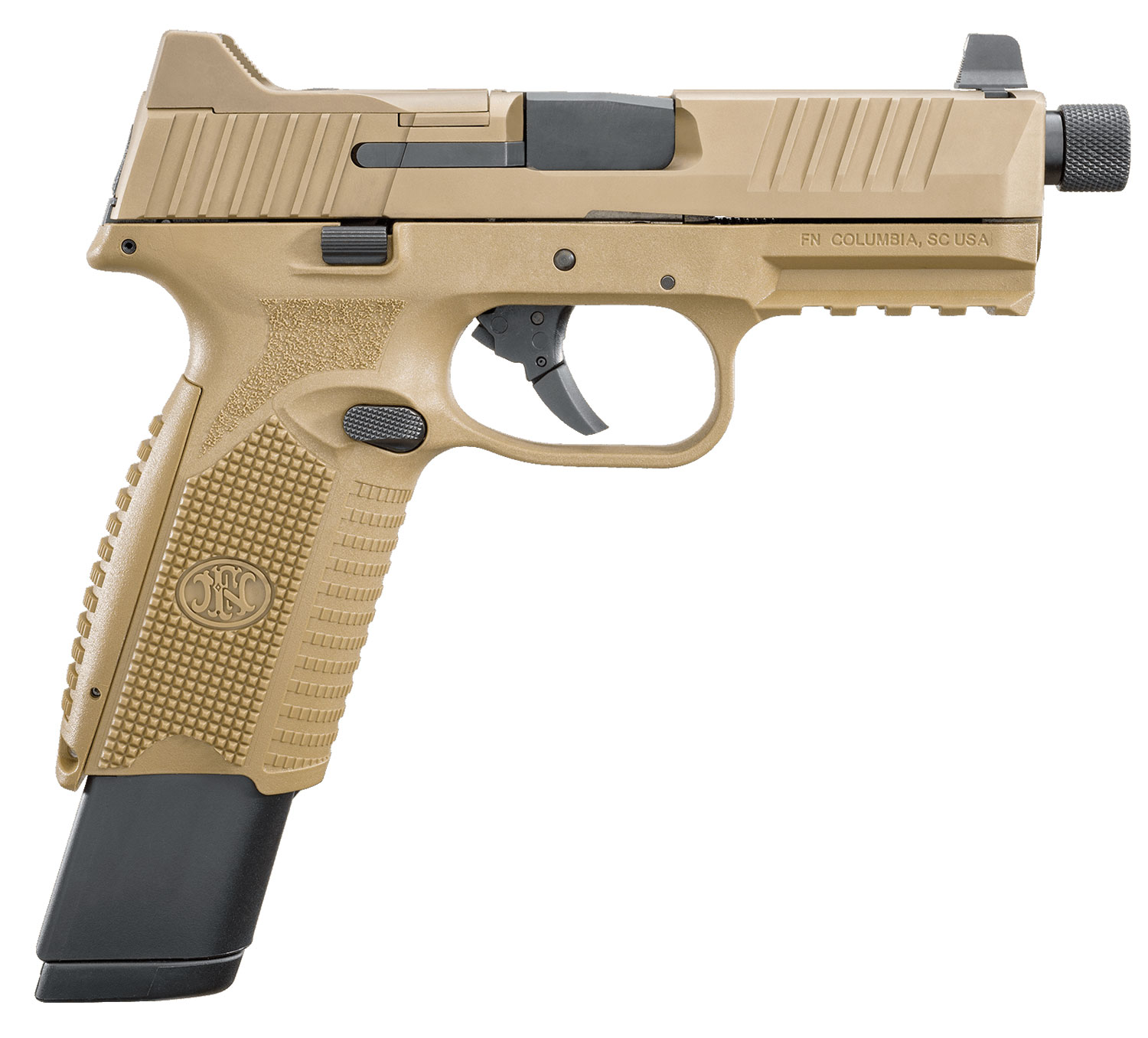 FN 66100373 509T 9mm Luger 17+1/24+1 4.50" Black Steel Threaded Barrel, Flat Dark Earth Optic Cut/Serrated Stainless Steel Slide, Flat Dark Earth Polymer Frame w/Picatinny Rail